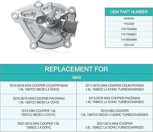 Miniatura 5 de Bomba de agua AW6244 con junta para (solo motor L4 de 1.6L) Mini Cooper 2007-2015/Cooper Countryman 2011-2016/Cooper Paceman 2013-2016