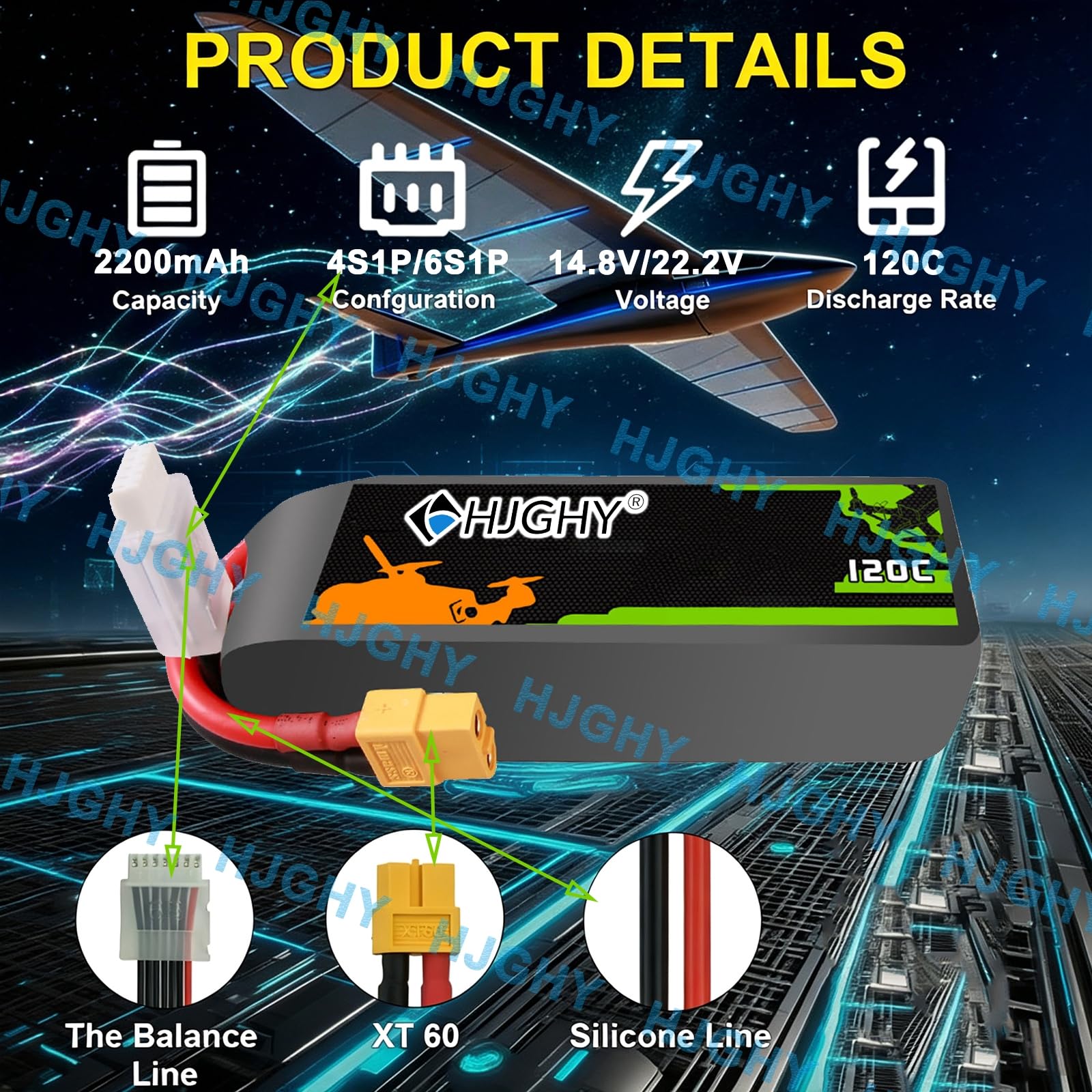 Batteria al Litio 4S/6S 14,8 V 22,2 V per Drone | Batteria per drone da corsa da 14,8V 2200mAh, batteria ad alta velocità di scarica da 22,2V 120C con BMS per motore del drone