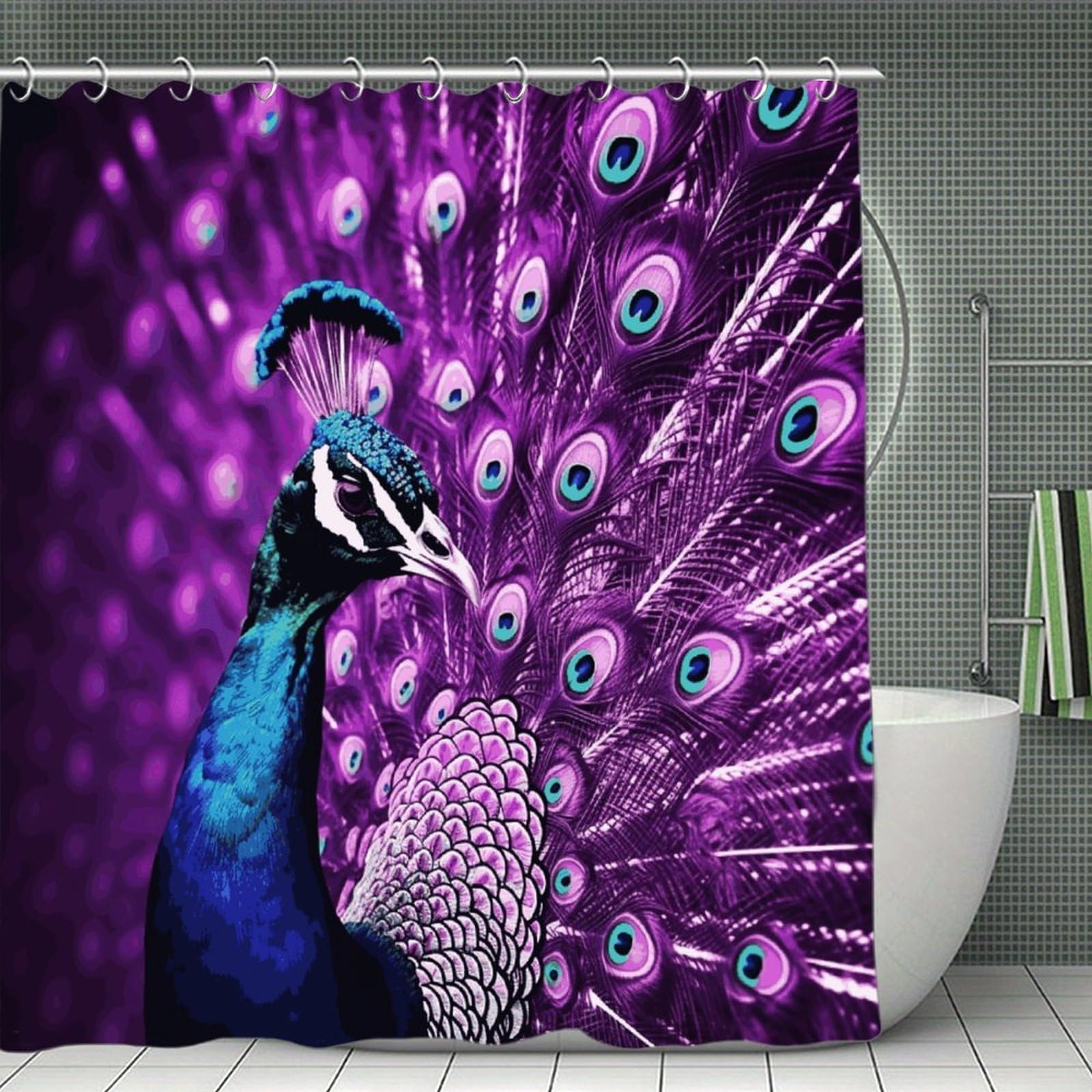 FekiLoot Purple Peacock Shower Curtain with Hooks Modern Farmhouse Bathroom Curtain Waterproof Cloth Bath Curtains Cute Washable Blackout Privacy Curtains for Bathroom Bathtub 70.8"x70.8"