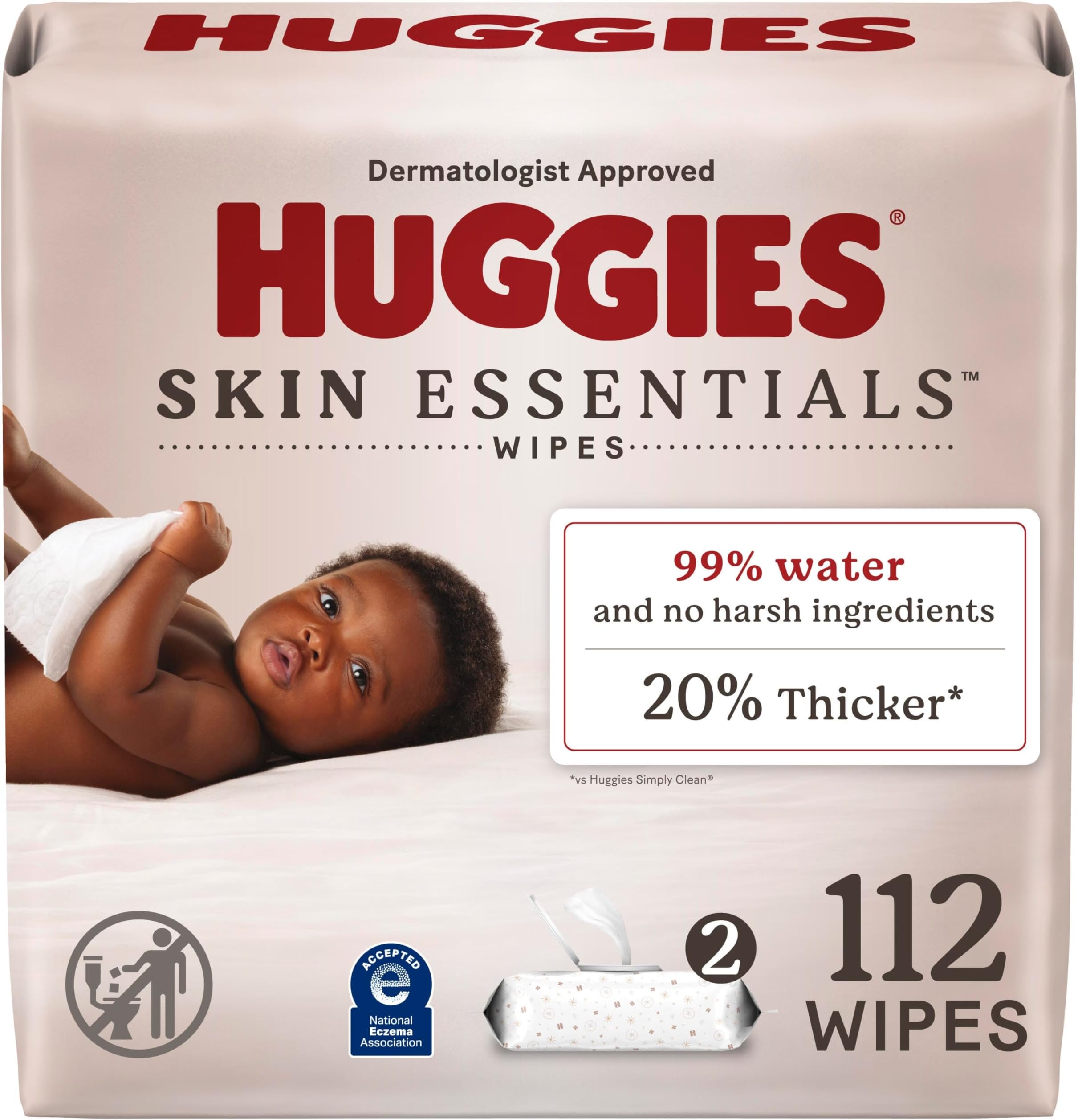 Skin Essentials Baby Wipes, Hypoallergenic, 99% Water, 2 Flip Top Packs (112 Wipes Total)