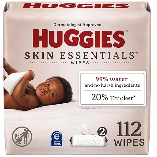Huggies Skin Essentials Toallitas para bebé, hipoalergénicas, 99% de agua, 2 paquetes con tapa abatible (112 toallitas en total)