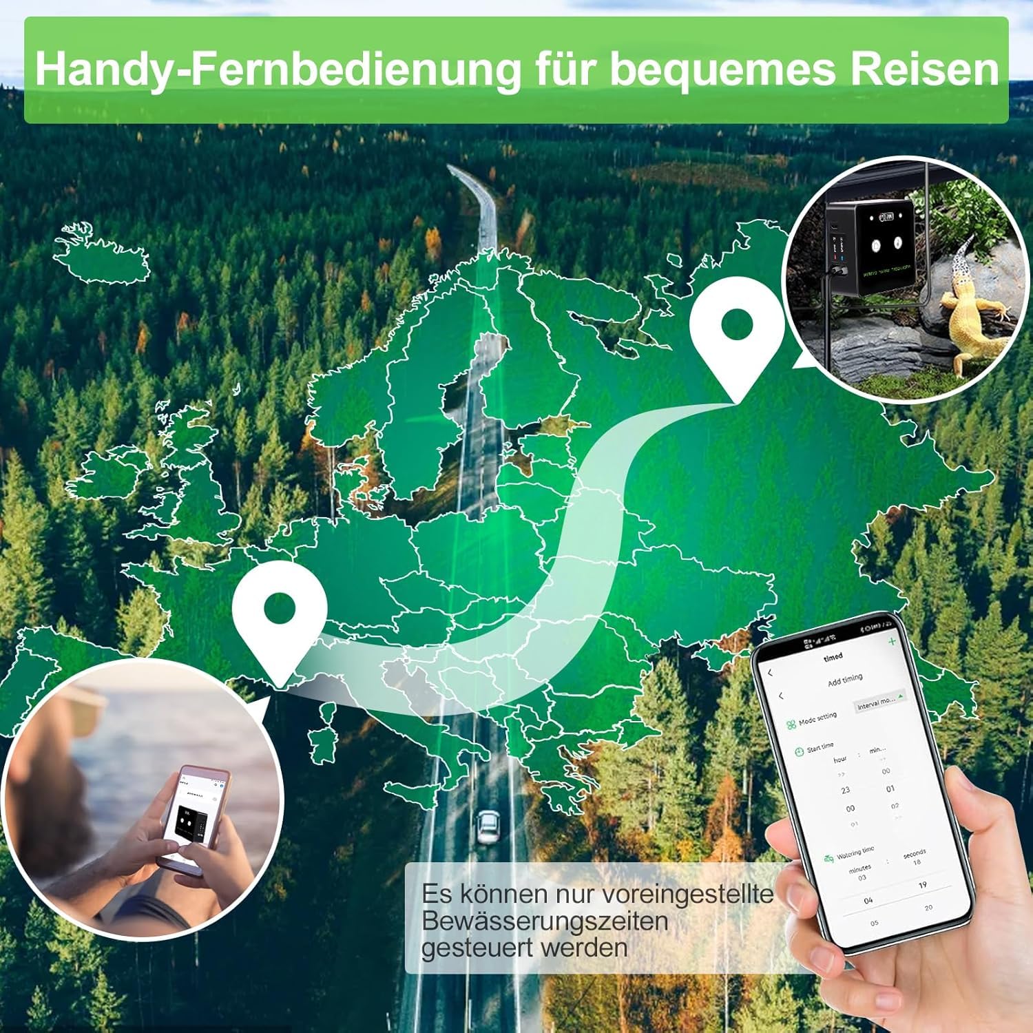 Humidificador de terrario, sistema inteligente de reptiles con boquillas de pulverización ajustables de 360°, temporizador y mando a distancia para teléfono móvil, funcionamiento automático
