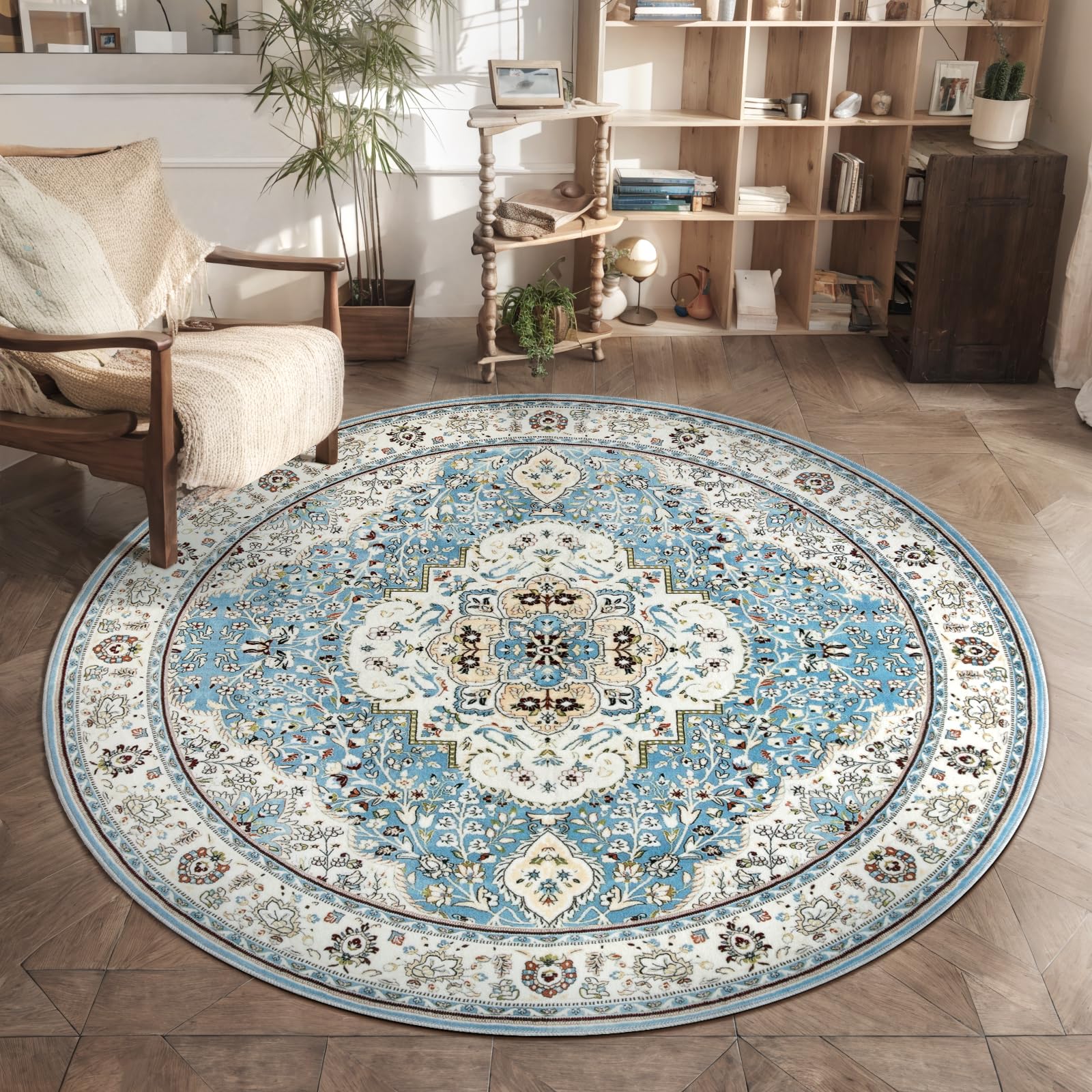 Ciicool Washable Area Rug Round 5’x5’ Boho Bedroom Rug Non-Slip Oriental Entry Throw Rug Low-Pile Indoor Floor Carpet for Dining Room Laundry Foyer
