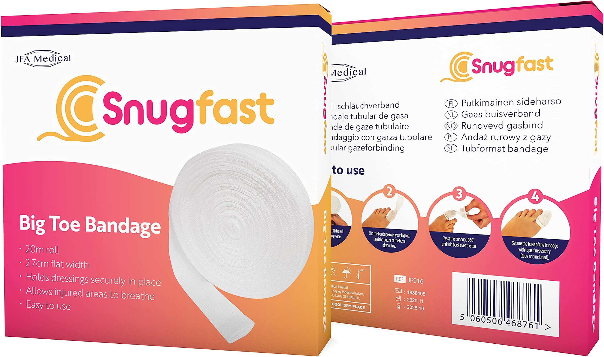 Snugfast Big Toe Tubular Gauze Bandage Dressing 2.7cm x 20m Roll