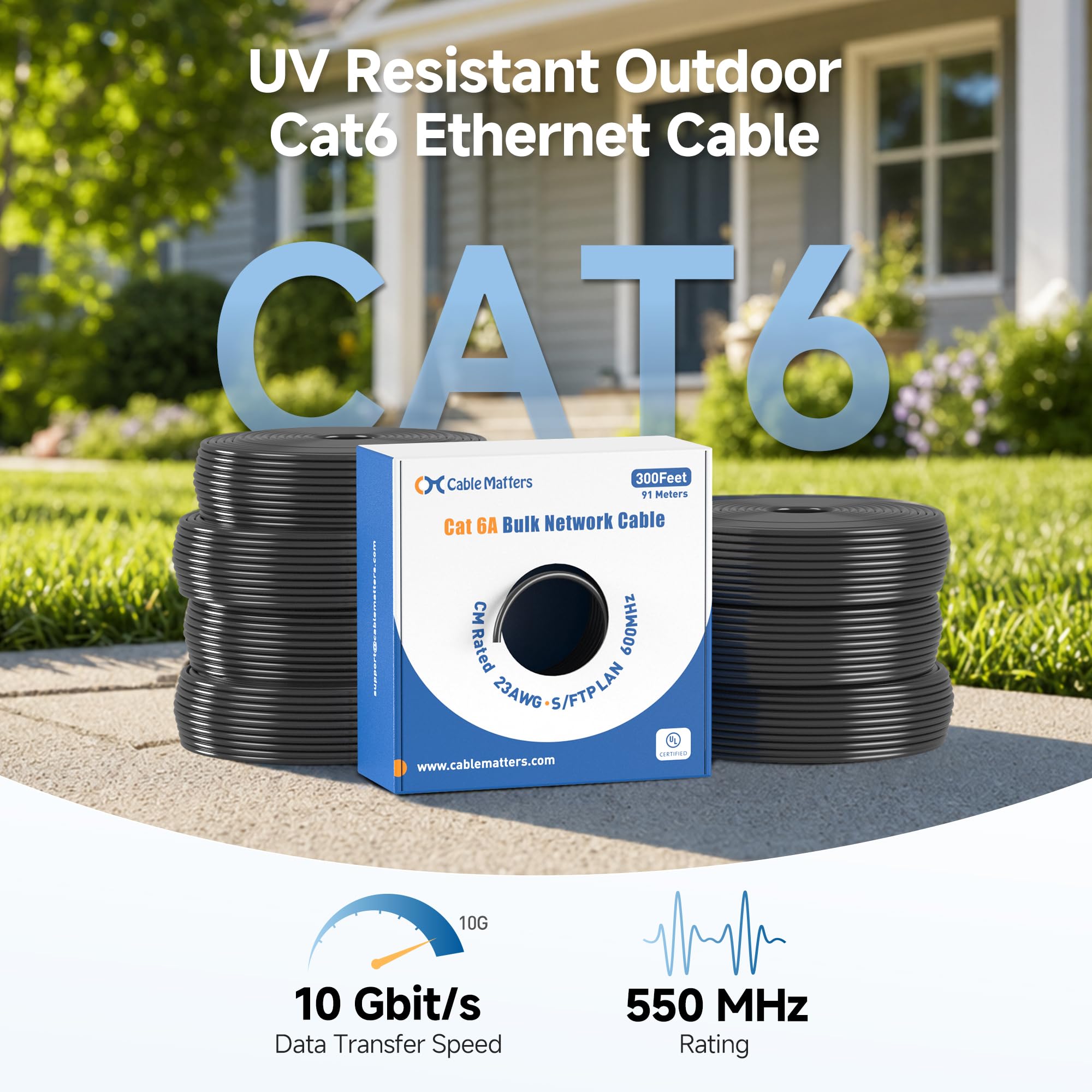 Cable Matters Cavo Ethernet Cat6 per esterni, 10 Gbps, 23 AWG, 152,4 m, nero | Resistente ai raggi UV, solido rame nudo, UTP, 550 MHz, resistente alle intemperie, cavo Cat 6 per telecamere IP PoE