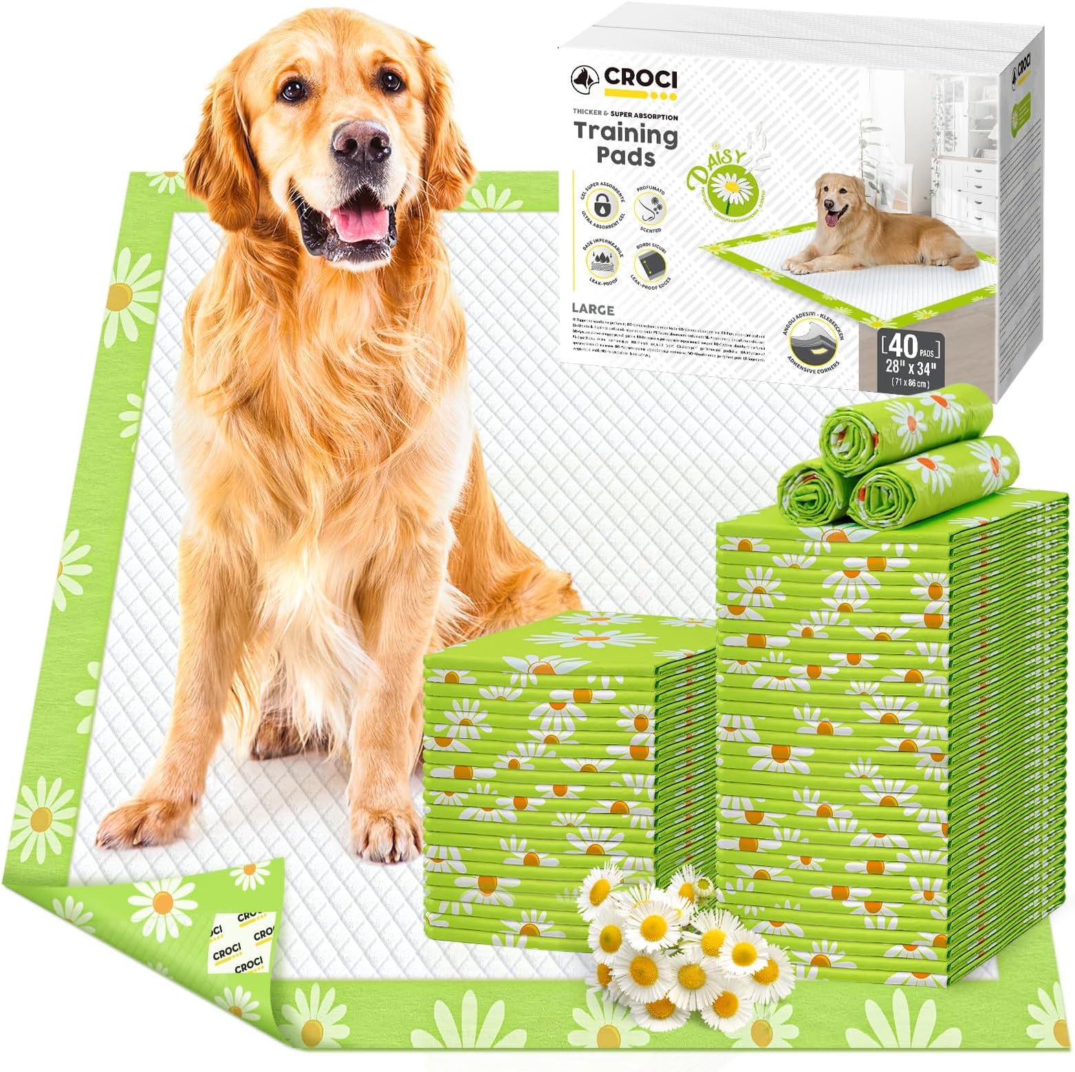 CROCI XL Puppy Pads with Adhesive Tabs Leak-Proof Disposable 28x34in 40Ct
