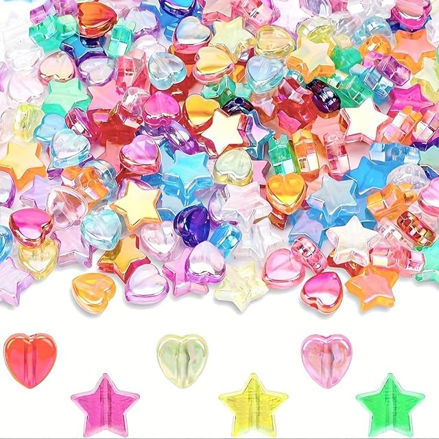 400pcs Assorted Acrylic Heart Beads Star Beads for Jewelry Making Cute Plastic AB Bead for Necklace Bracelet Earing making Bling Spacer Beads Bulk Aesthetic Charms Craft DIY (Mixed Color)