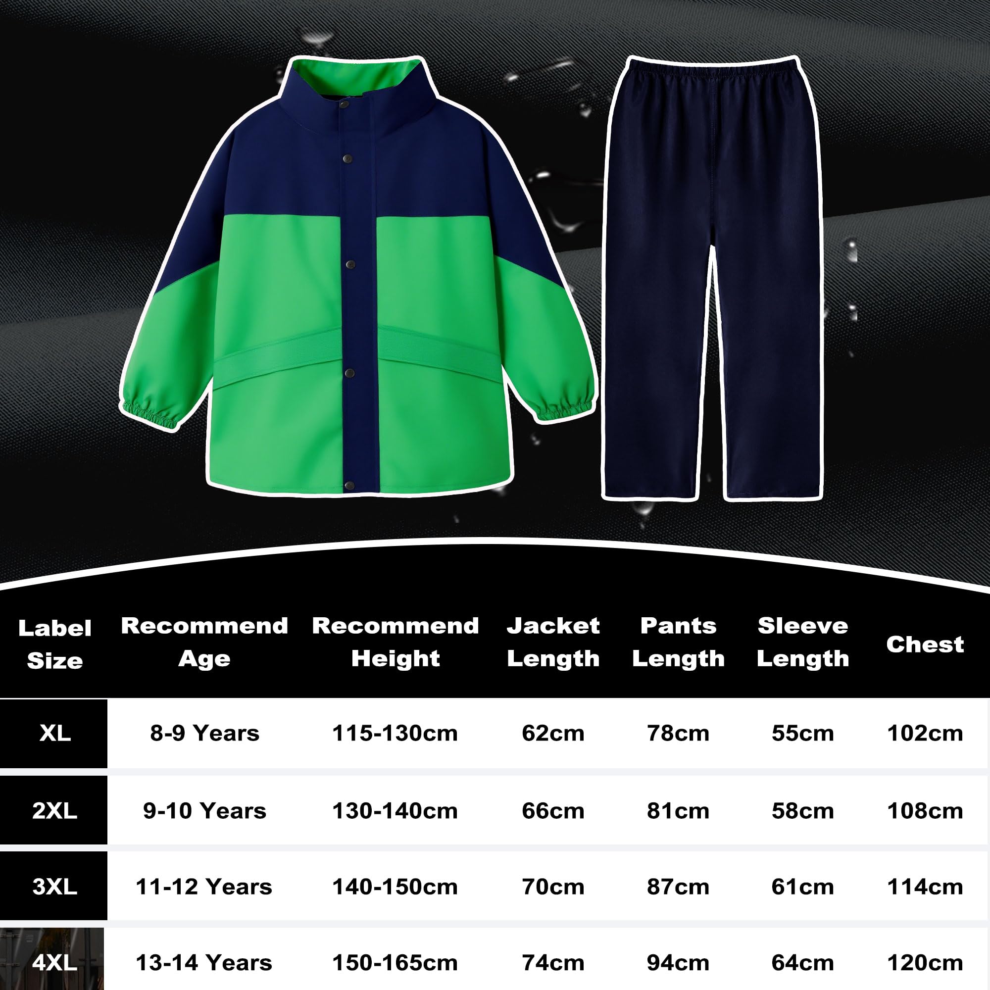 Niño Chubasquero Impermeable con Capucha y Bolsa Portátil Chaqueta Lluvia & Pantalones Traje Impermeable Traje de Lluvia Conjunto Ligero Acampada Primavera Abrigos para 11-12 años, Verde