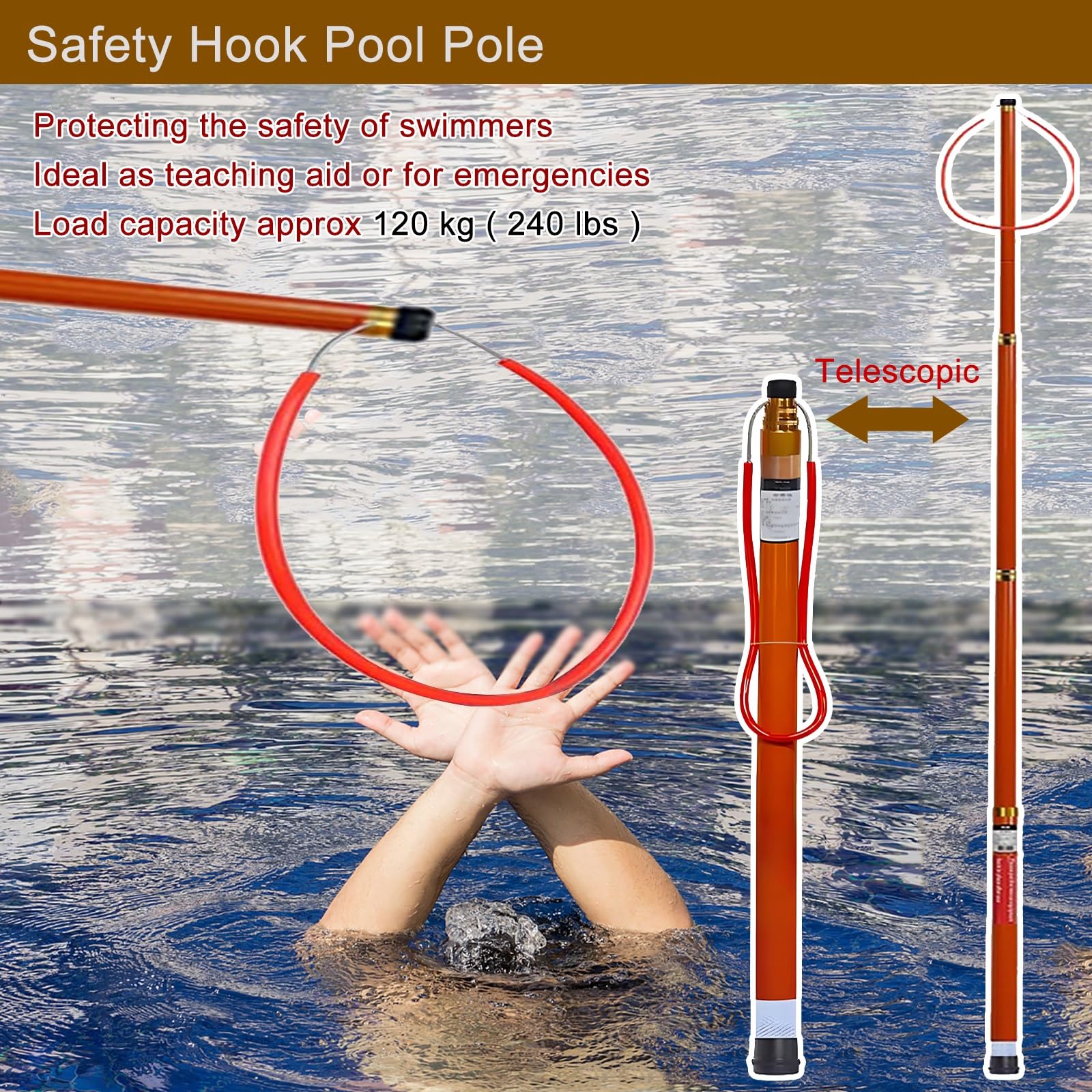 Gancho telescópico ajustable de rescate de emergencia para seguridad en la piscina, mayor alcance y durabilidad para adultos y niños