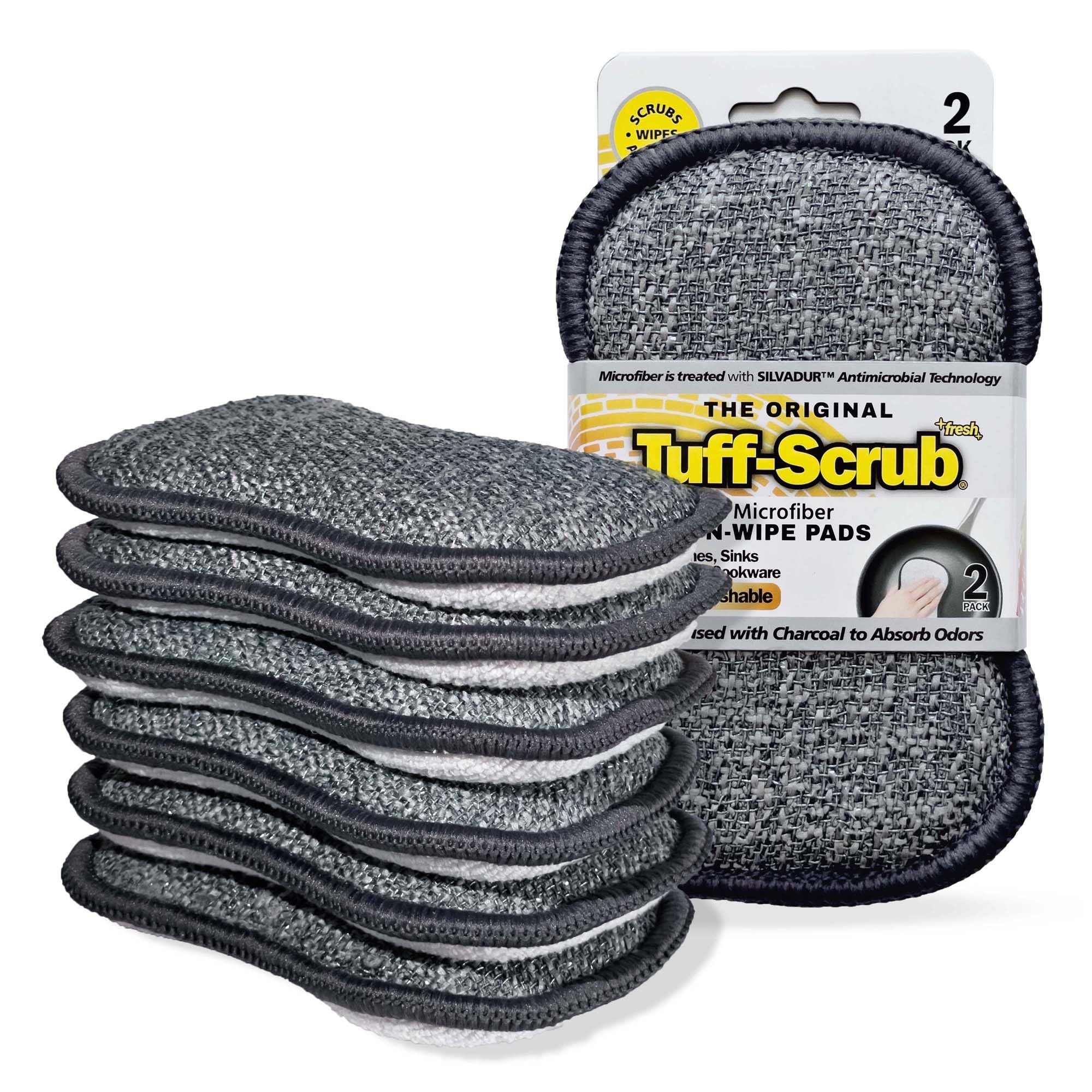 Fresh Scrub-N-Wipe Pad by Tuff-Scrub, 6-Pack, Antimicrobial & Charcoal Foam for Odor Control, Microfiber, Multi-Surface, Non-Scratch, Dual-Sided, Machine Washable, Kitchen Sponge (Small)