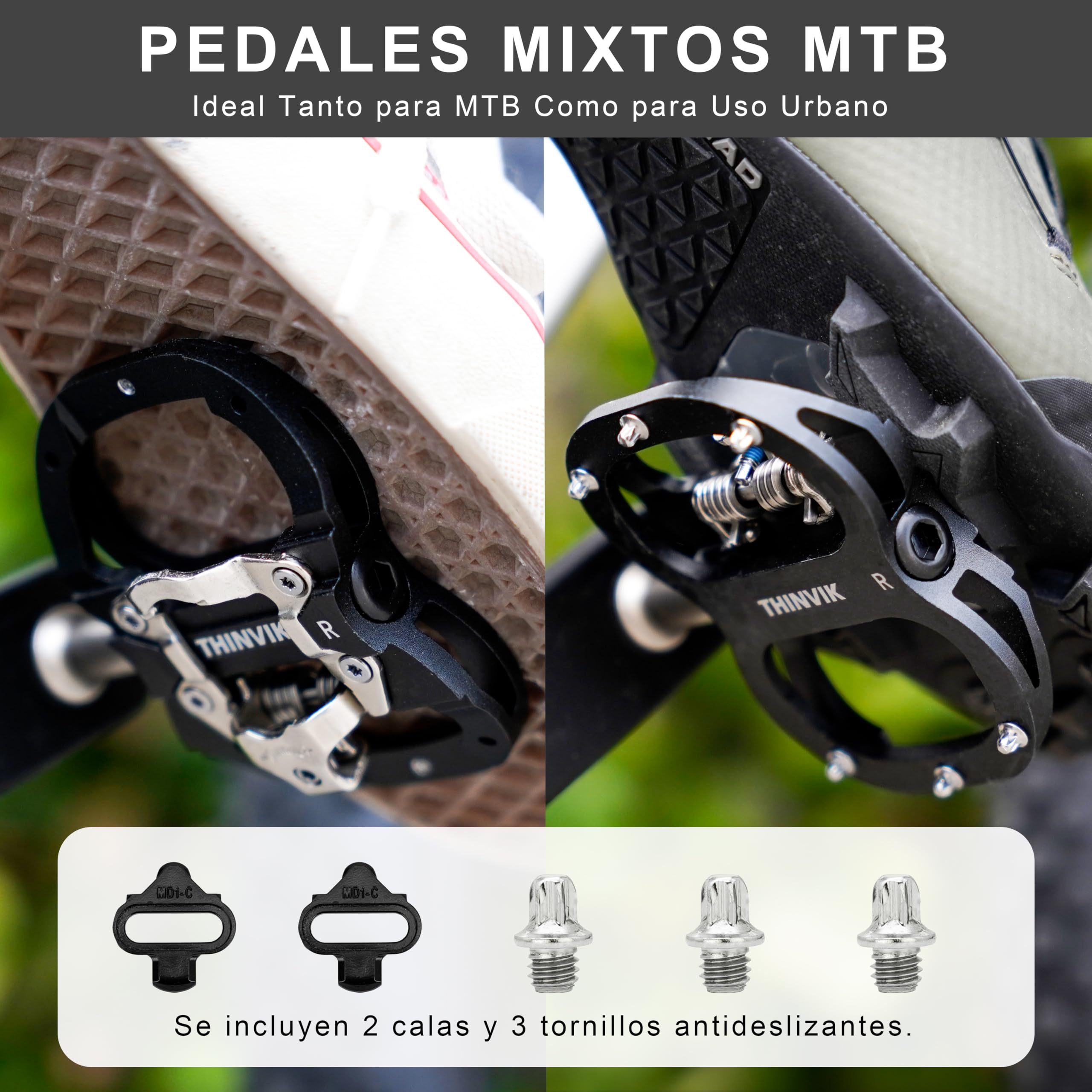 Thinvik Pedales de Bicicleta para Shimano SPD de Doble Función Plataforma y Automáticos para MTB con Calas Compatibles - Pedales de 9/16" Color Negro/Plata