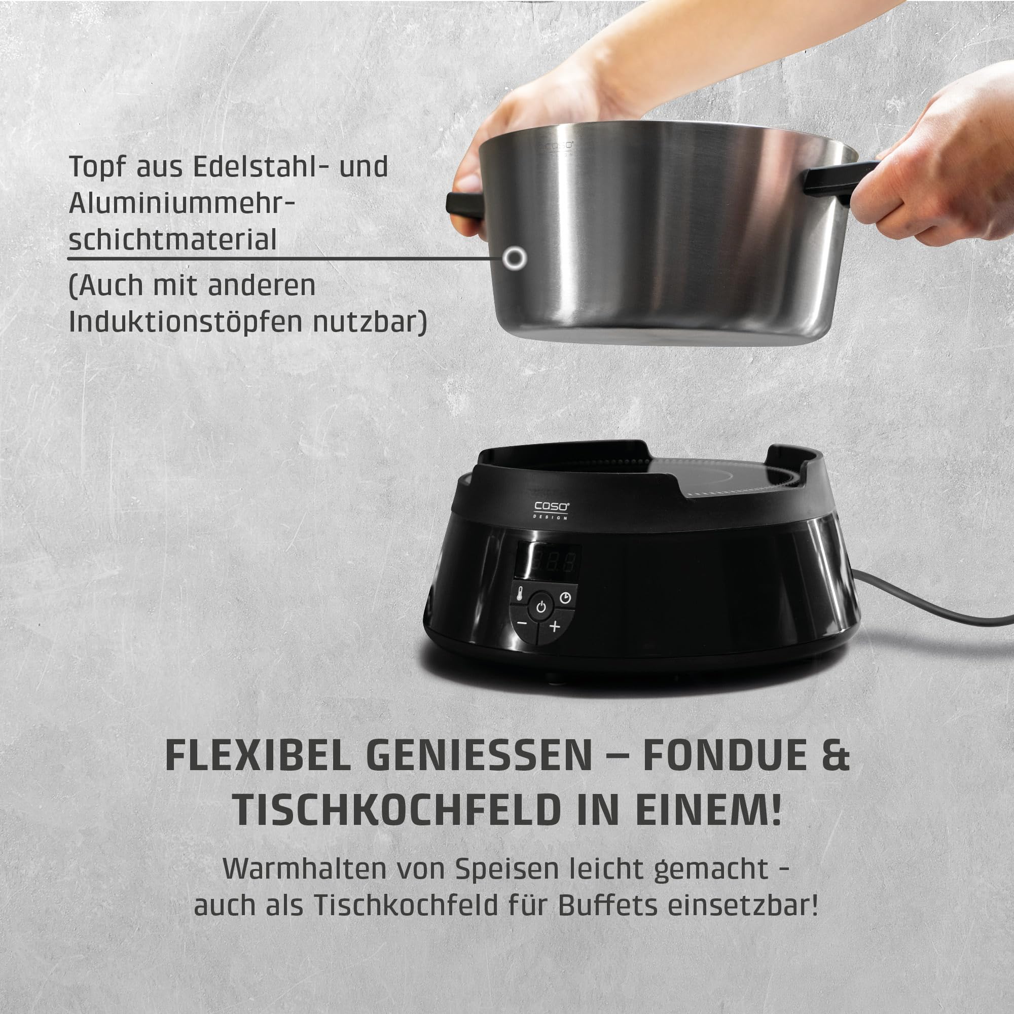 CASO Induktions FonDue - für 8 Personen, Temperatureinstellung von 60 bis 240 °C, gleichmäßige Erwärmung durch hochwertigen Fonduetopf
