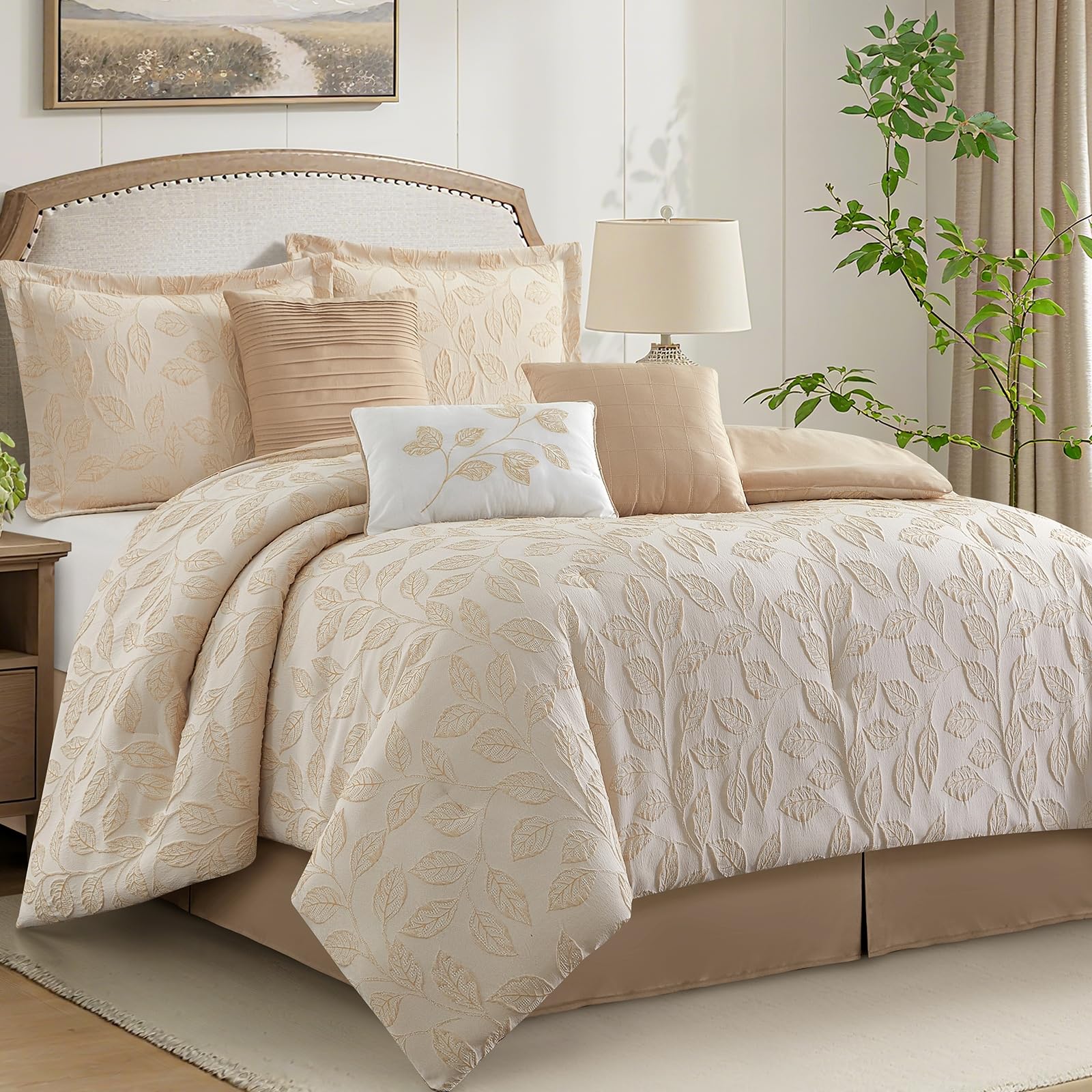 7 Pieces Beige Gold Comforter Set, Queen Size, Jacquard with Matching Solid Microfiber Piecework, 3D Leaves Texture Design, Includes Bed Skirt, Shams, and Decorative Pillows