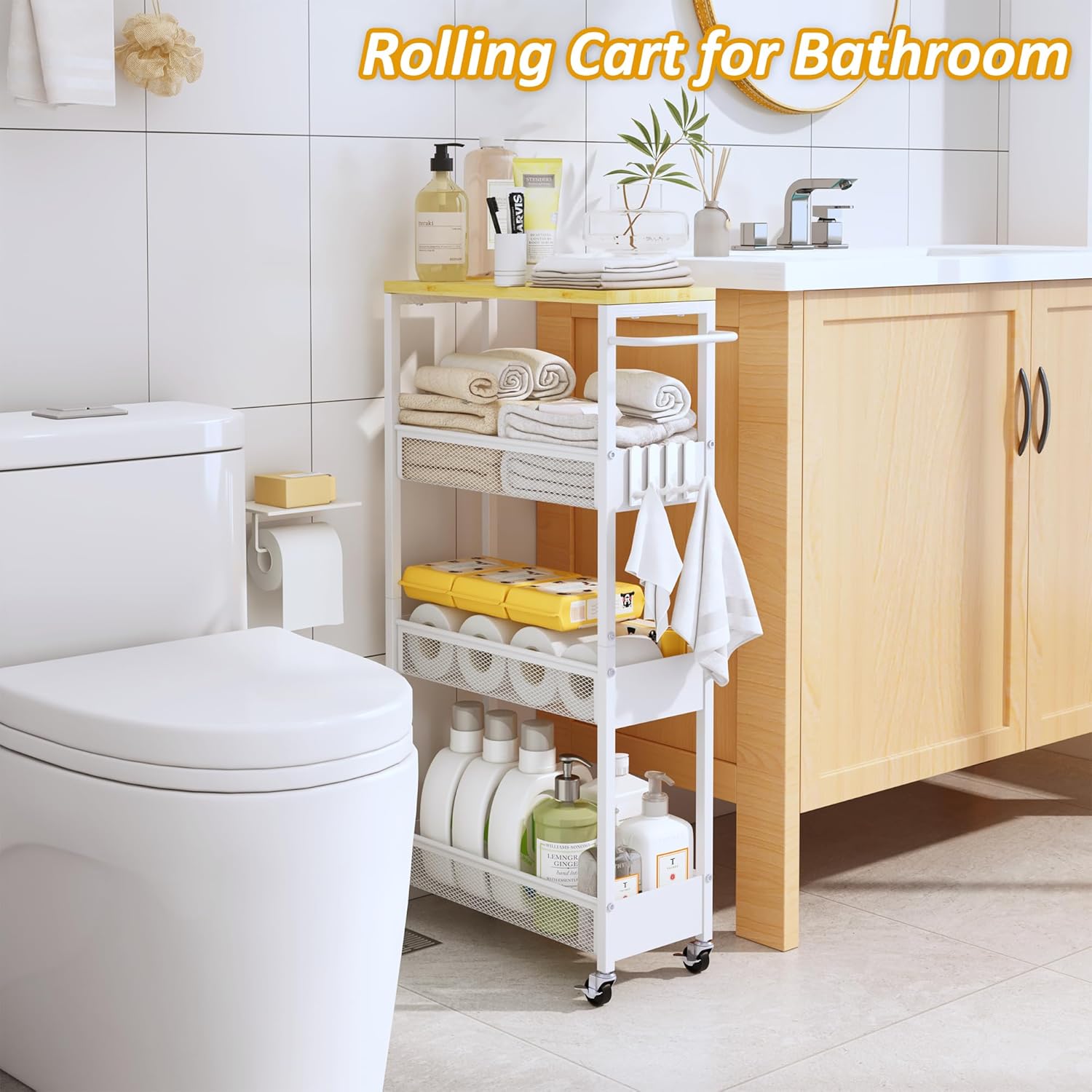 Slim Storage Cart on Wheels, 4 Tier Metal Narrow Rolling Cart with Handle and Wood Top, Multifunctional Small Mobile Shelf Unit Organizer Trolley for Laundry, Bathroom, Kitchen