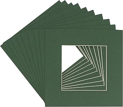 CountryArtHouse Hunter Green Acid Free 10x10 Square Picture Frame Mat with White Core Bevel Cut for 6x6 Pictures - Fits 10x10 Frame - Pack of 1 Matboard