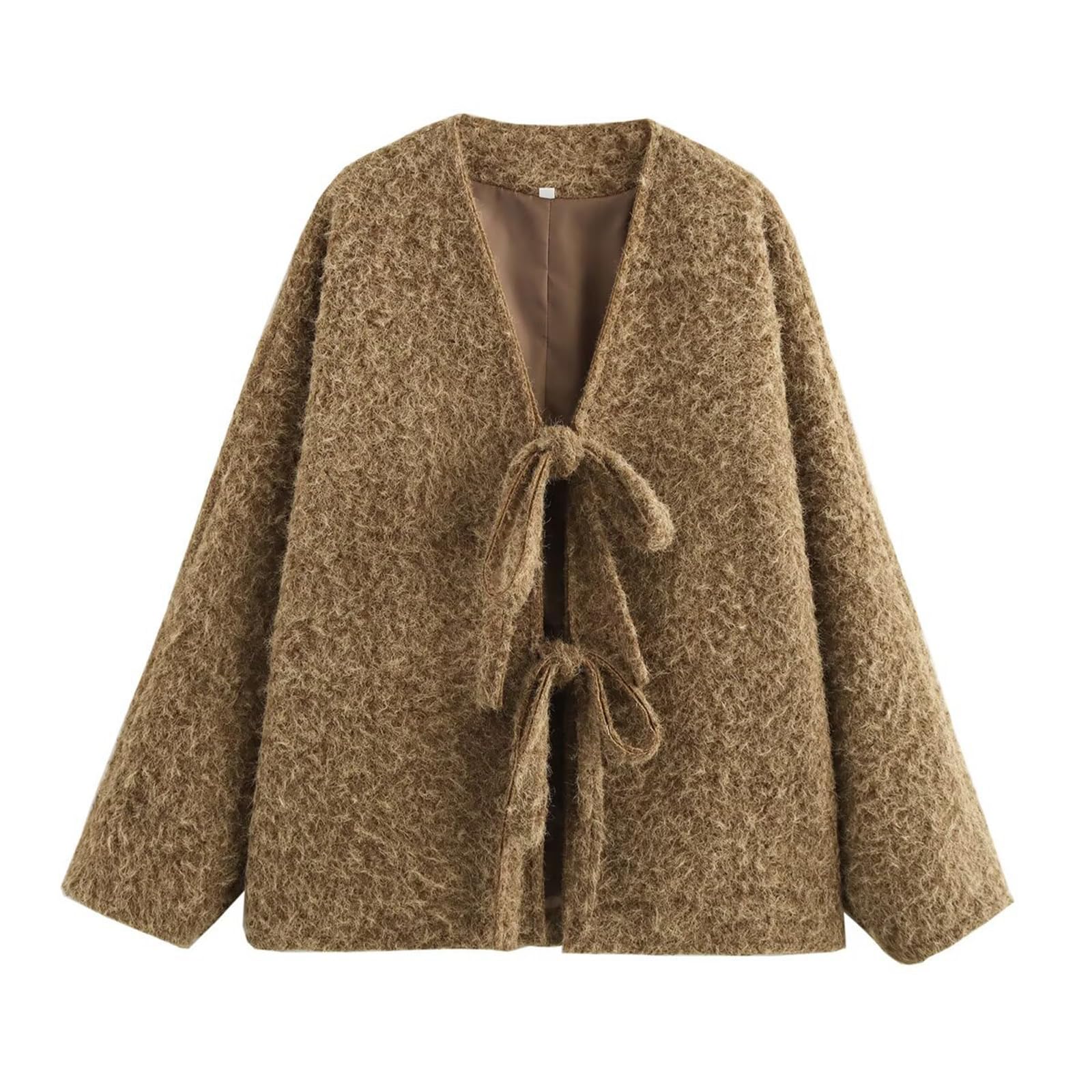LXURY Chaqueta tipo cárdigan afelpada para mujer, abrigo cálido de gran tamaño con lazo y cuello en V, ropa de abrigo informal holgada de manga larga para otoño e invierno