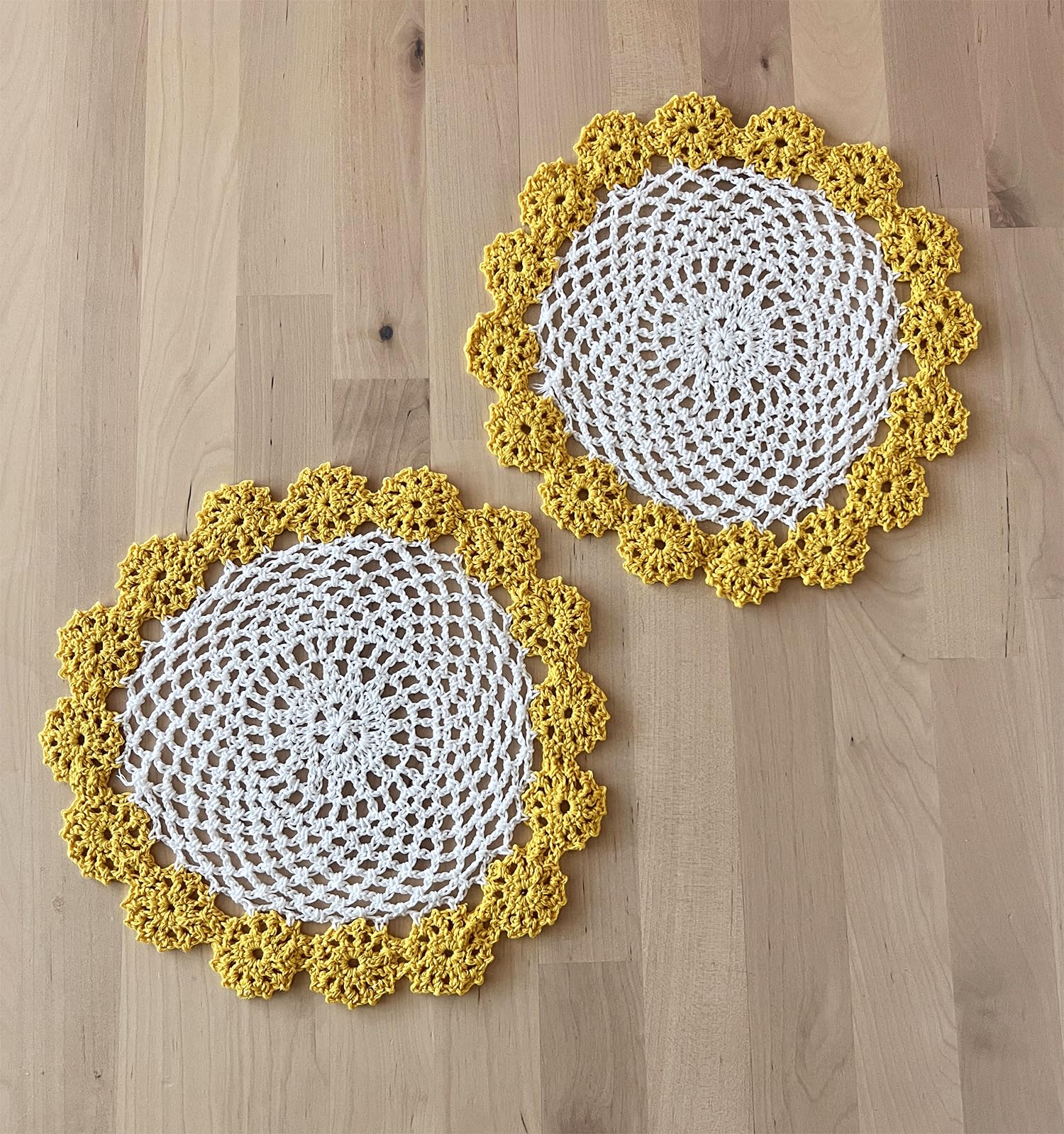 Fennco Styles Handmade Two-Tone Floral Crochet Tray Doilies, 9" Round, 2-Piece - Yellow Cloth Placemats for Everyday Use, Holidays, Home Décor,
