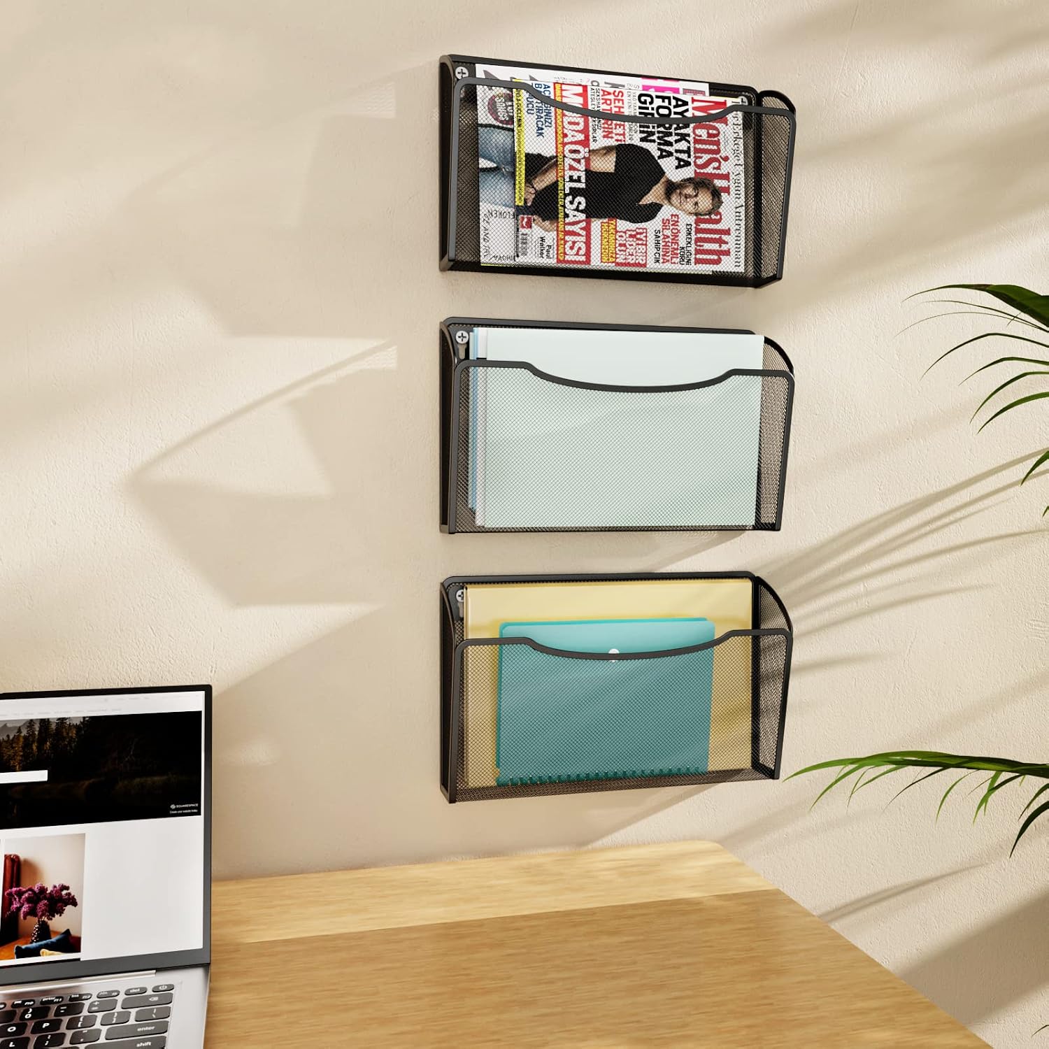 MaxGear Mesh File Holder Wall Organizer 6 Pockets Hanging File Organizers Wall Mounted File Holders for Home and Office, Metal, Black