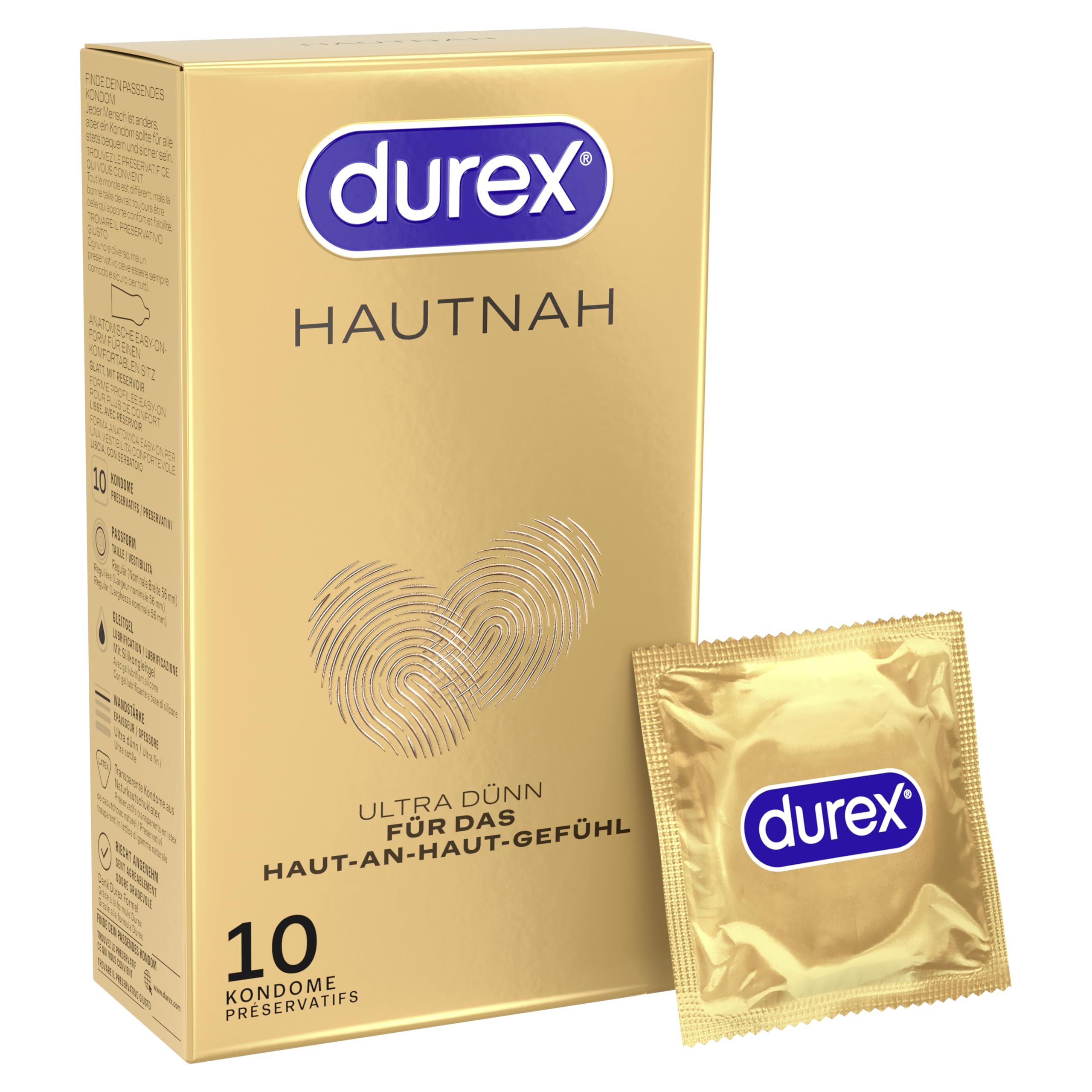 Durex Hautnah Classic Kondome – Ultra dünn, mit anatomischer Easy-On-Form & mit Silikongleitgel befeuchtet – 10er Pack
