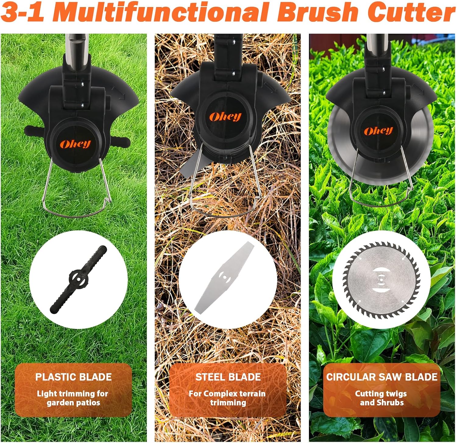 Cordless Weed Wacker, Ohey Electric Brush Cutter, Adjustable Pole Length Weed Eater, Foldable & Lightweight, 3 Blade Types, Battery-Powered Cordless Weed Eater for Lawn, Garden, Yard Work