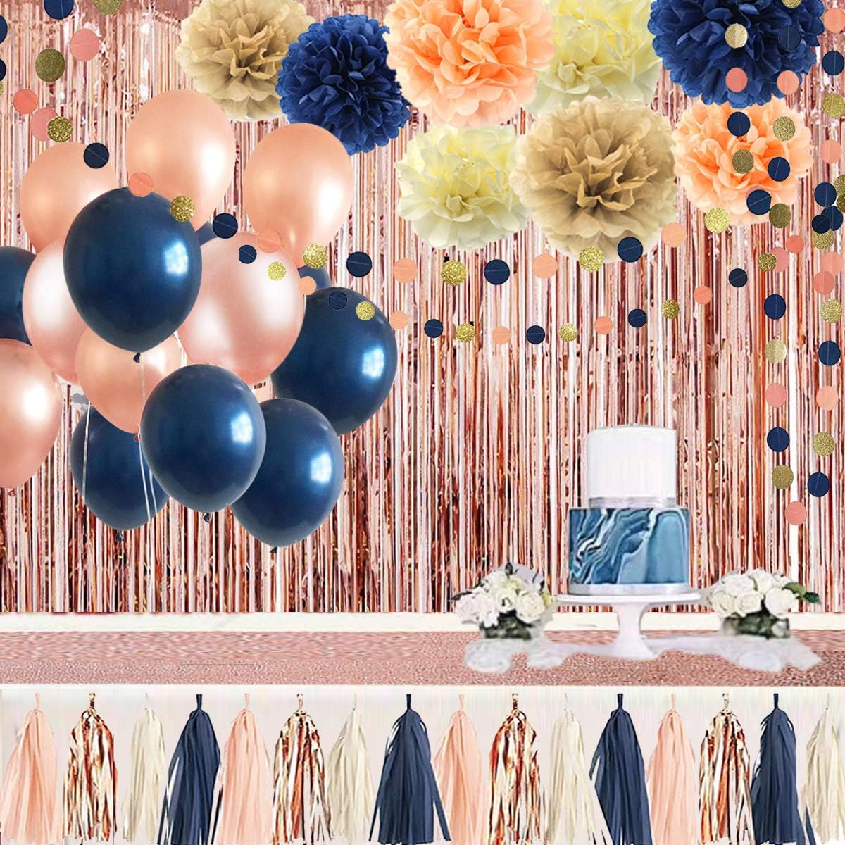 32 Pack Navy Blue Rose Gold Party Decoration Kit, Navy Rose Gold Balloons, Curtains, Paper Flowers,Tassel and Garland for Bridal Shower, Gender Reveal, Graduation, Bachelorette Party Decorations