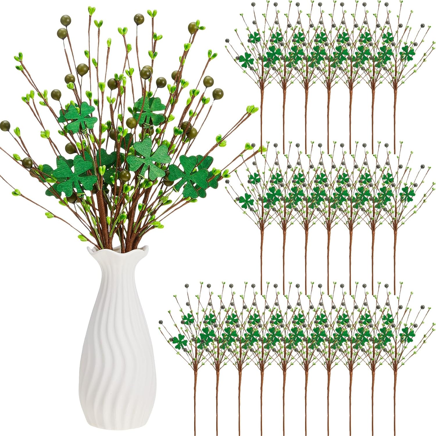 XunYee 24 Pack St. Patrick's Day Decorations 16" Artificial Shamrock Plant Picks Clover Berry Stems St. Patrick's Day Floral Picks Table Centerpieces for Irish Flower Arrangement Vase Home Decor