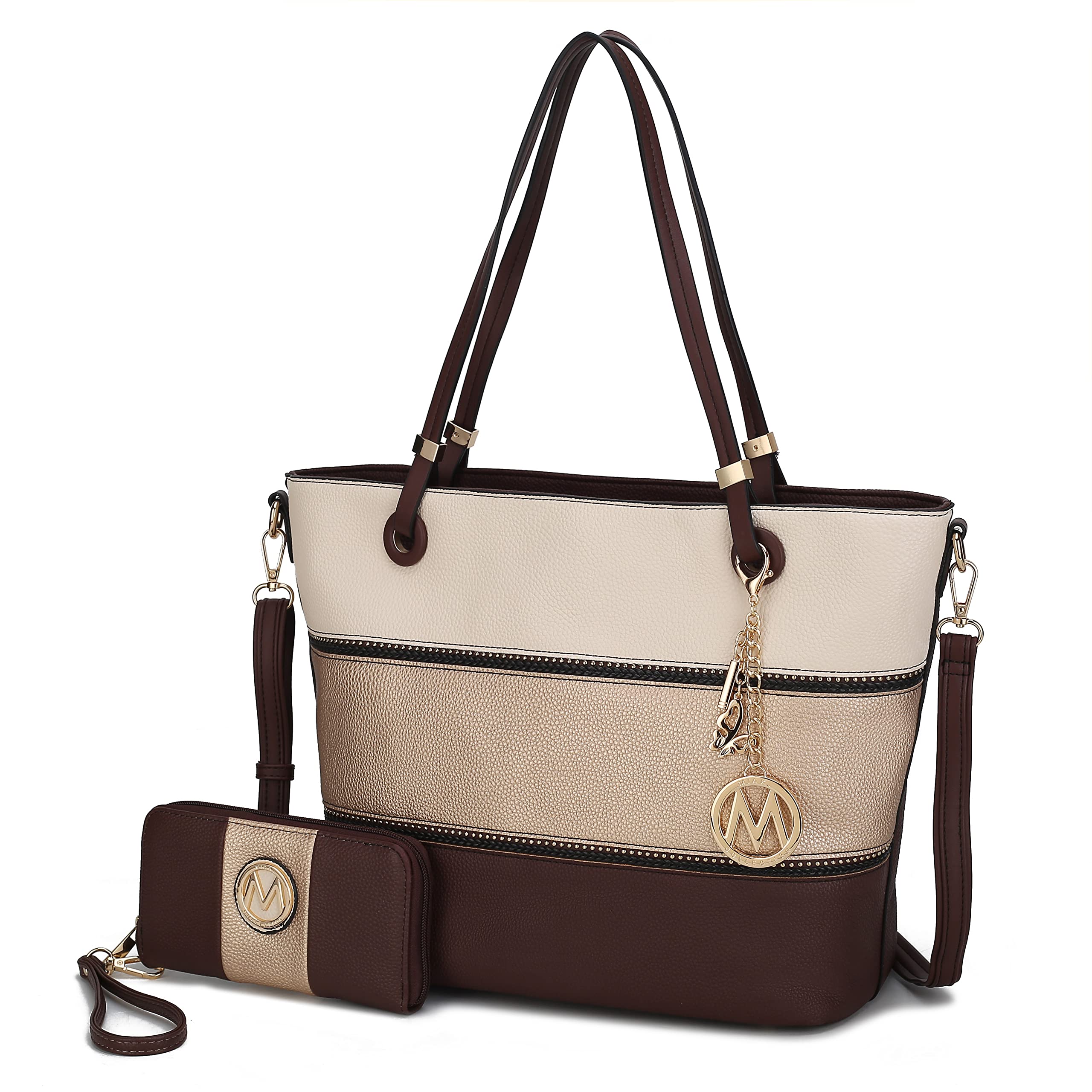 MKF Collection Bolso de mano para mujer, de cuero vegano, con asa superior, bolso cruzado, Beige dorado y café, Large