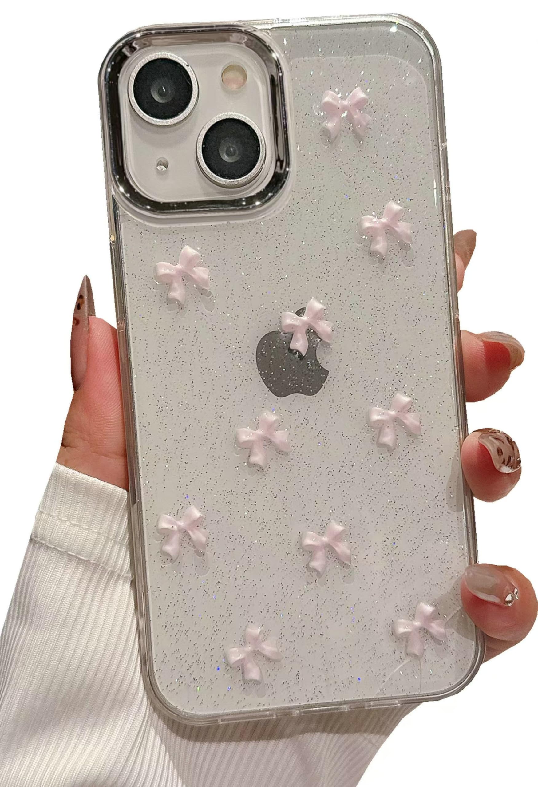 NITITOP Compatible With IPhone 13 Pro Case Clear Cute For Women Girls Glitter With 3D Bowknot Pattern Pearl Design Bling Sparkly Protective Phone Cover - Pink