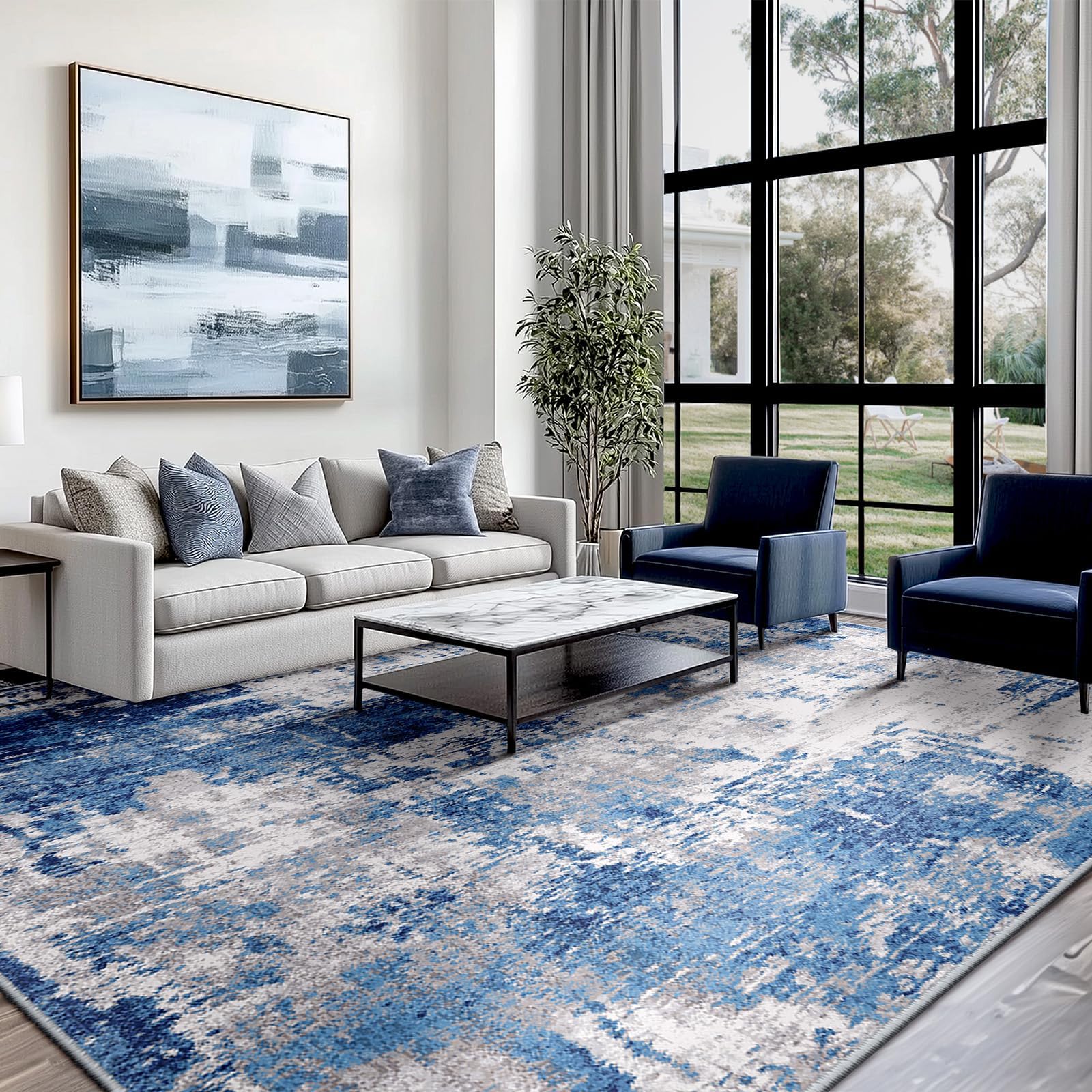 Tapis Lavable Abstrait Bleu Gris 150x200cm Securisant avec Support Antidérapant