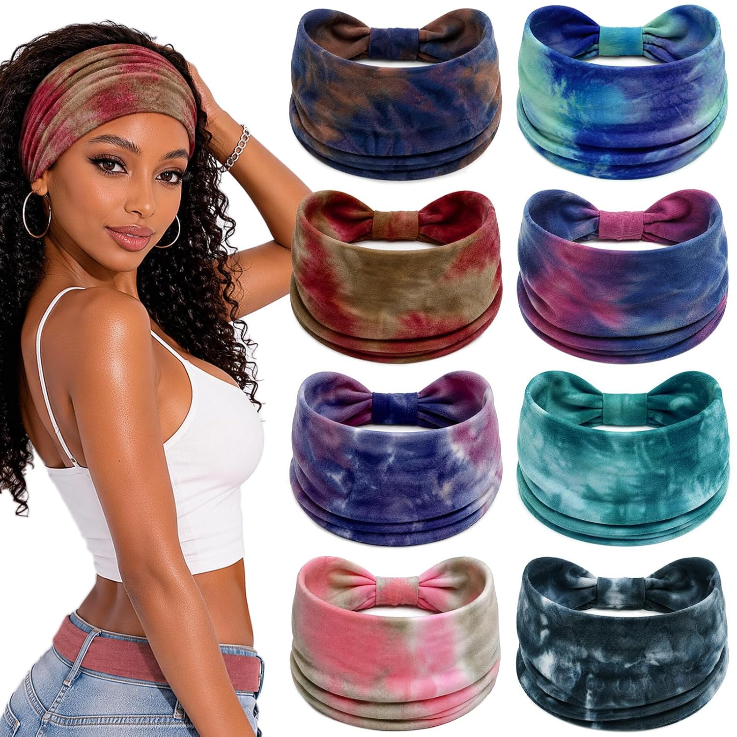 Awumbuk Wide Headbands for Women Knotted Non Slip, 8 Pack Soft Head Bands to Hide Hairline, Fashion Boho Style Bandana, Moisture Wicking Hair Bands for Workout Sports Yoga Makeup