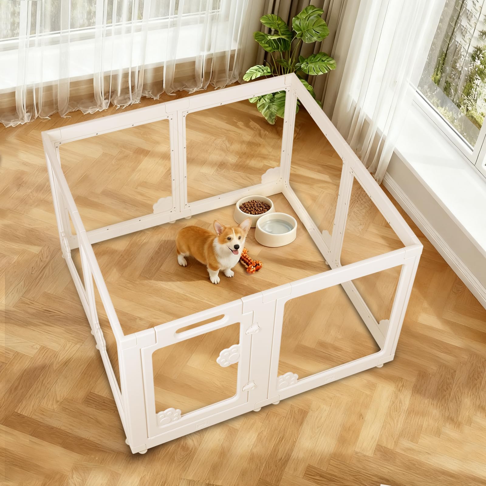 Clear Acrylic Dog Playpen Indoor with Door - Easy to Assemble Foldable Pet Playpen for Small Dogs, Cats, Rabbits, Ferrets - Small Animal Whelping