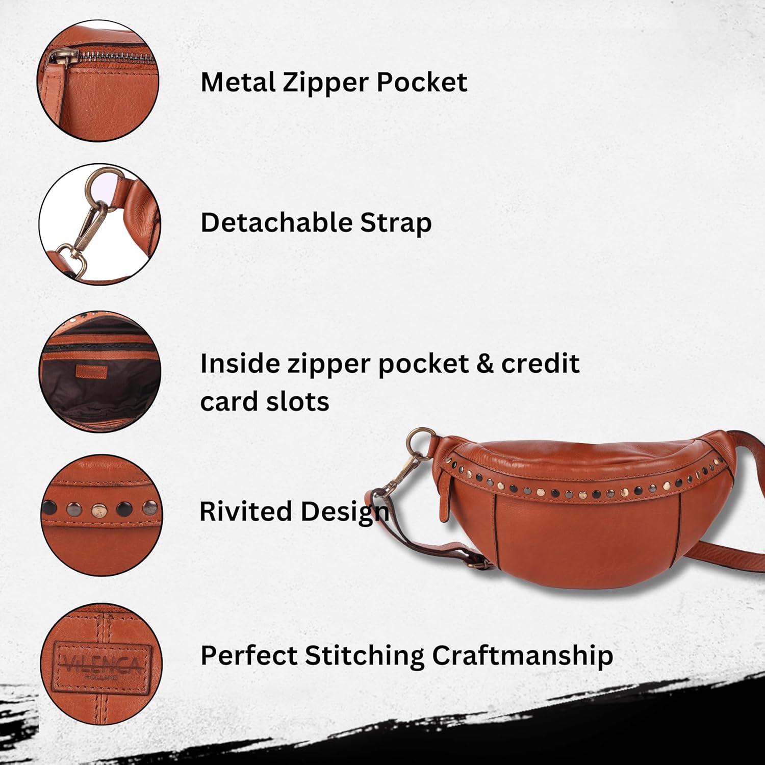Genuine Italian Leather Boho Studded Waist Bag – Stylish & Durable Unisex Travel Fanny Pack for Essentials (Cognac) - Image 2