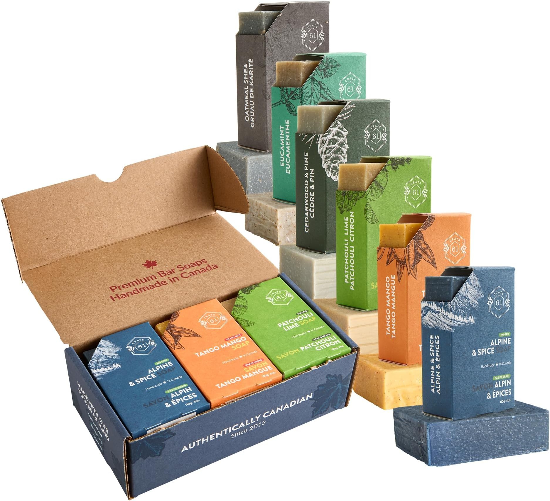 61, Handmade in Canada, Plant Based Cold Process Natural Bar Soap, With Premium Essential Oils, Dry Skin, Pack of 6 (For Him)