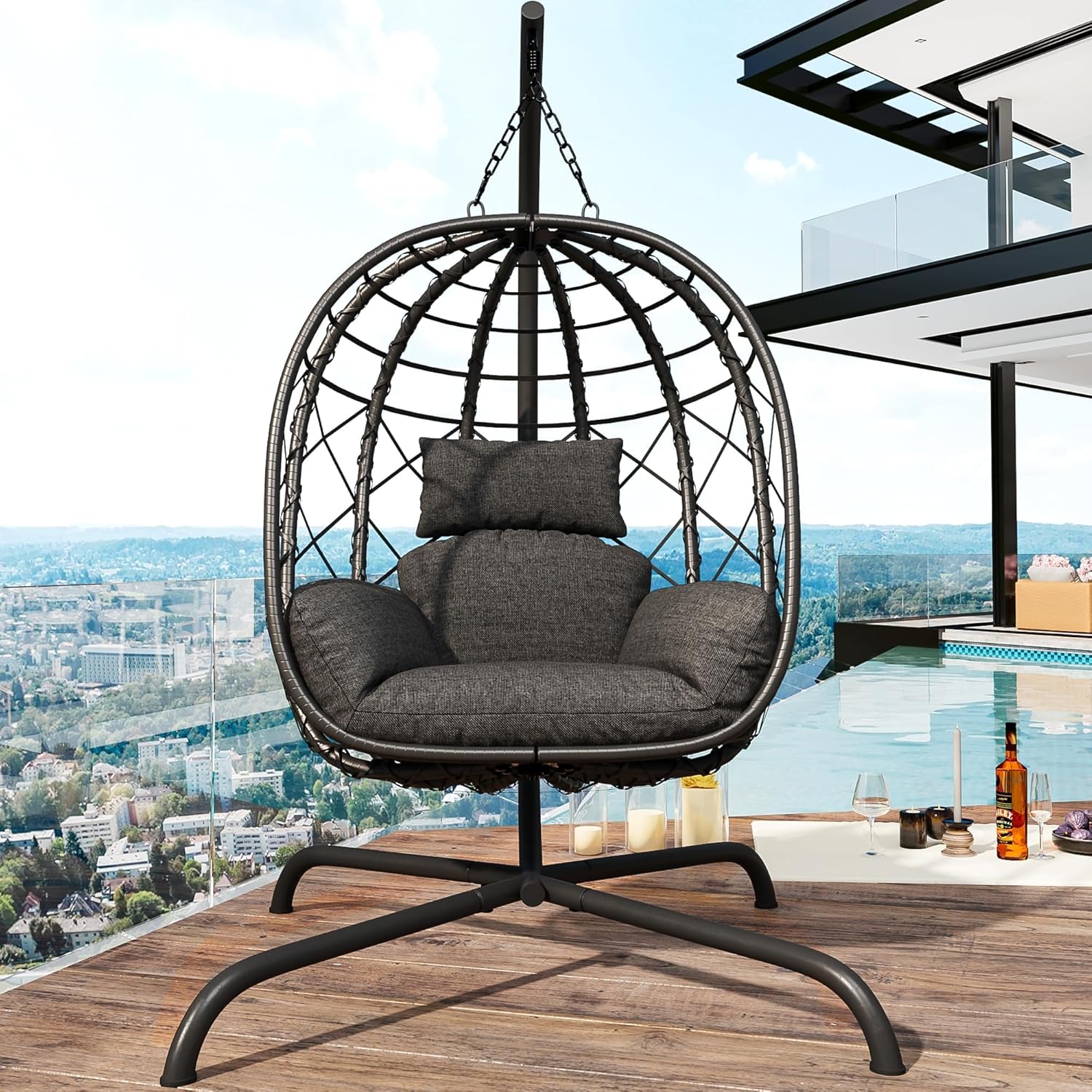 Hanging Egg Chair with Stand Patio Wicker Rattan Swing Chair Hammock Egg Chair for Indoor & Outdoor 400lbs Capacity with Thickened Cushion for Bedroom Balcony Garden