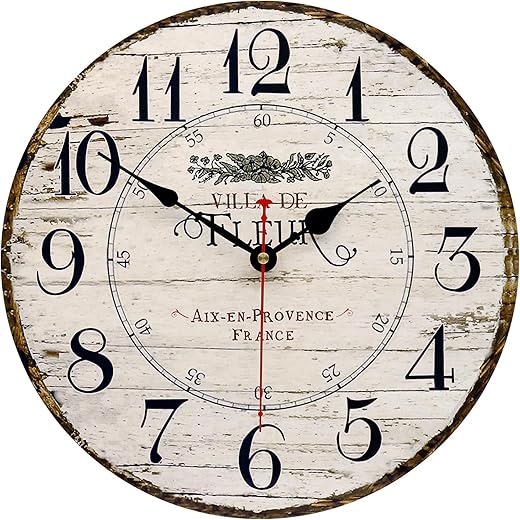 14 Inch Retro Vintage French Country Style Round Wooden Wall Clock Silent Battery Operated Non-Ticking Decorative Clock for Kitchen Farmhouse Bedroom Home Wall