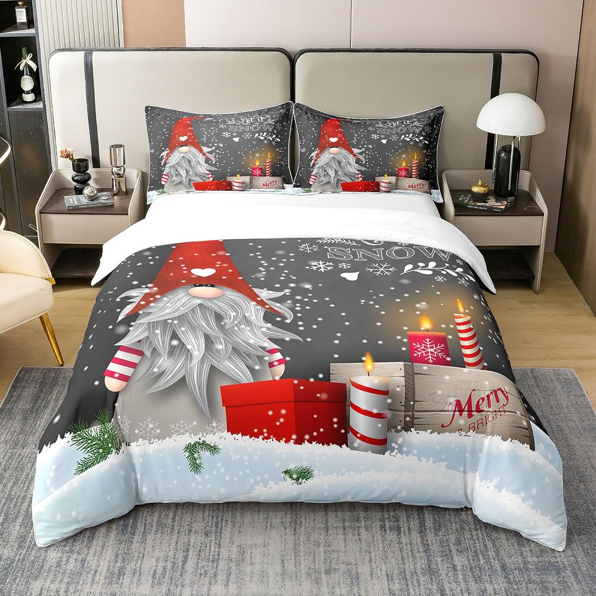 Erosebridal 100% Natural Cotton Xmas Bedding Sets Scandinavian Christmas Santa Gnomes Comforter Cover Snowing Santa Claus Bedding Sets for Kids Boys Girls Romantic Candlelight Quilt Cover Queen Size