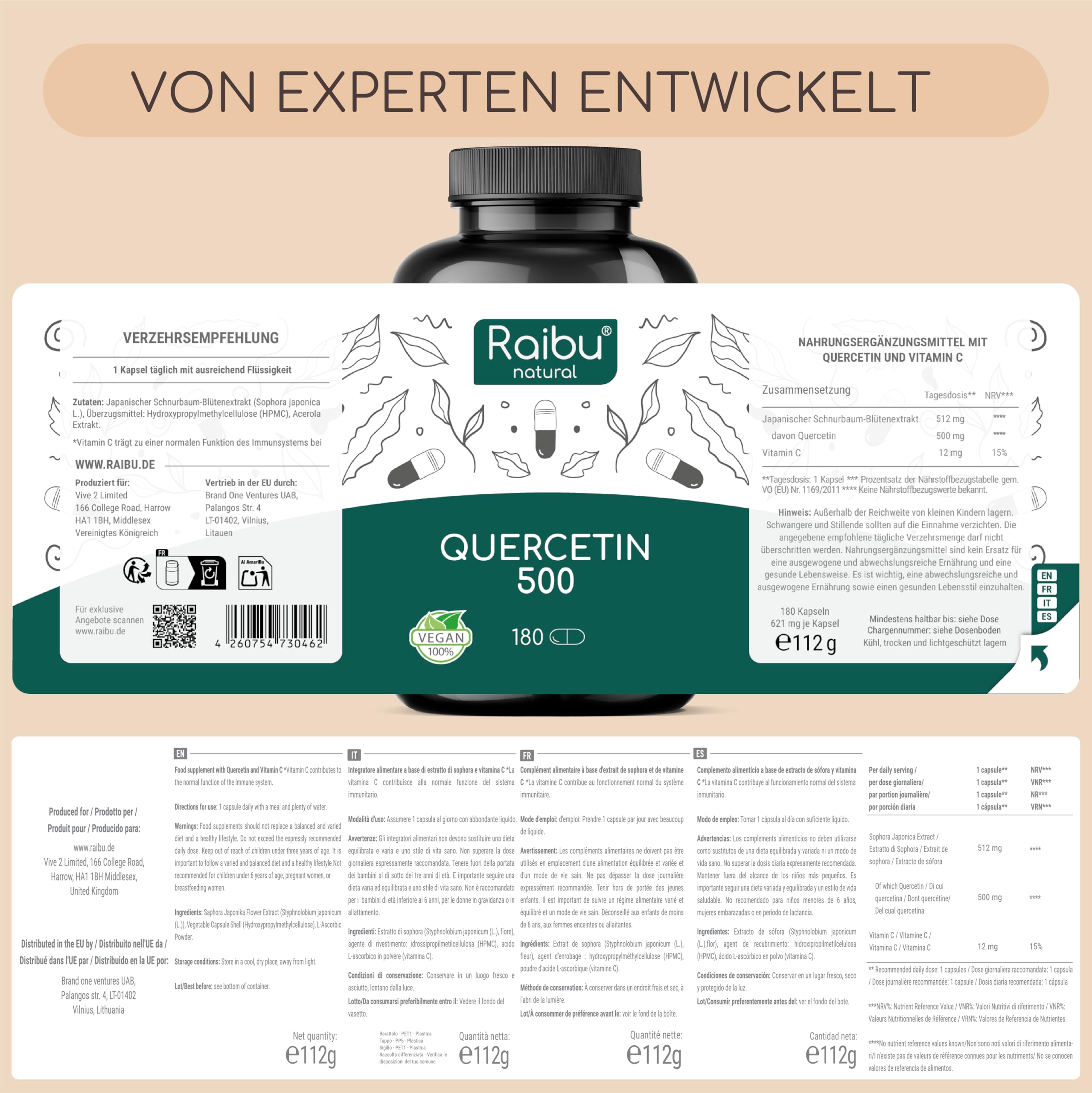 Quercetin Hochdosiert - 360 Kapseln - 500 mg Quercetin pro Kapsel - Vorrat für 12 Monate - Hochwertiger Rohstoff: Japanischer Schnurbaum - Ohne Zusätze & Vegan- Raibu (Packung mit 2)