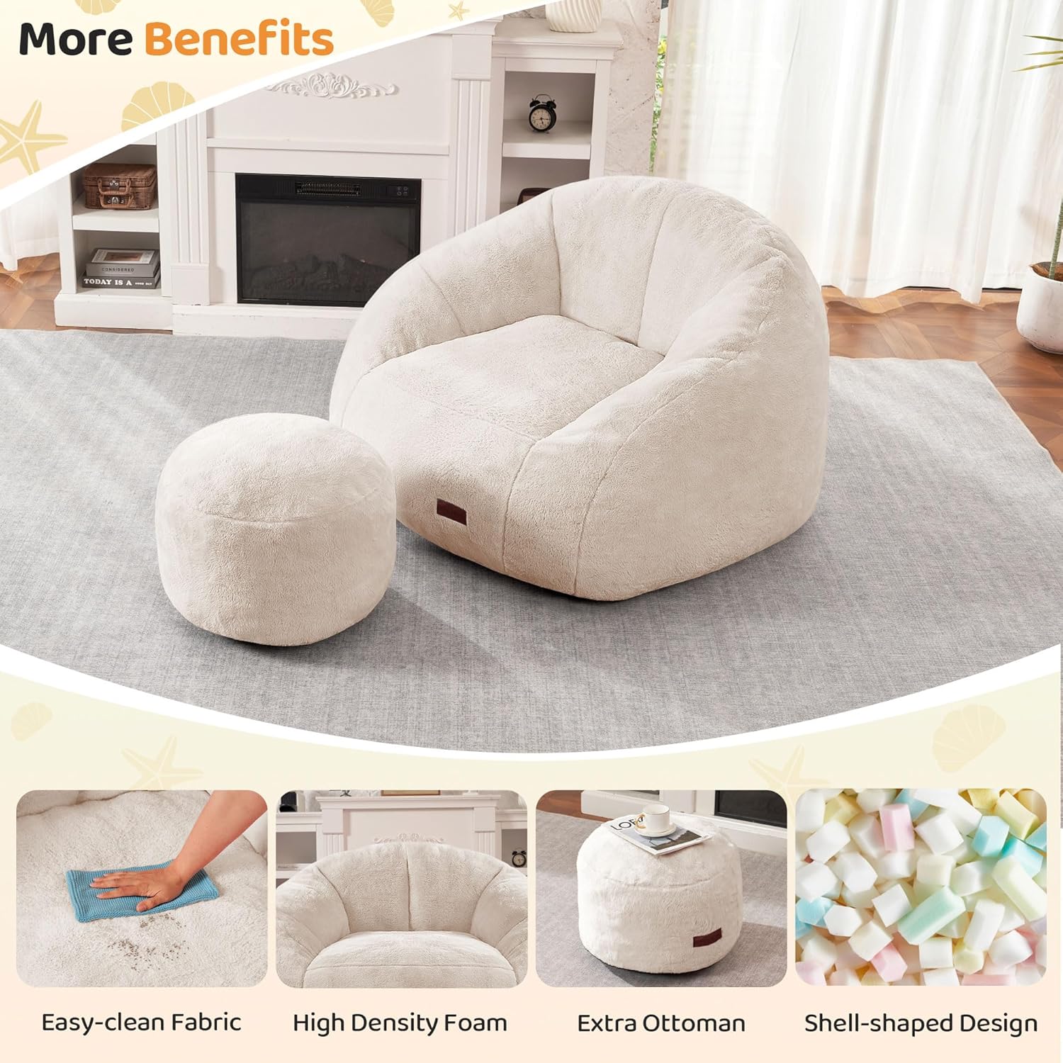 HABUTWAY Bean Bag Chair, Giant Bean Bag Chairs for Adults with Ottoman, Comfy Faux Fur Shell-Shaped Bean Bag Couch, Sofa Chair for Living Room, Bedroom, White - Image 5
