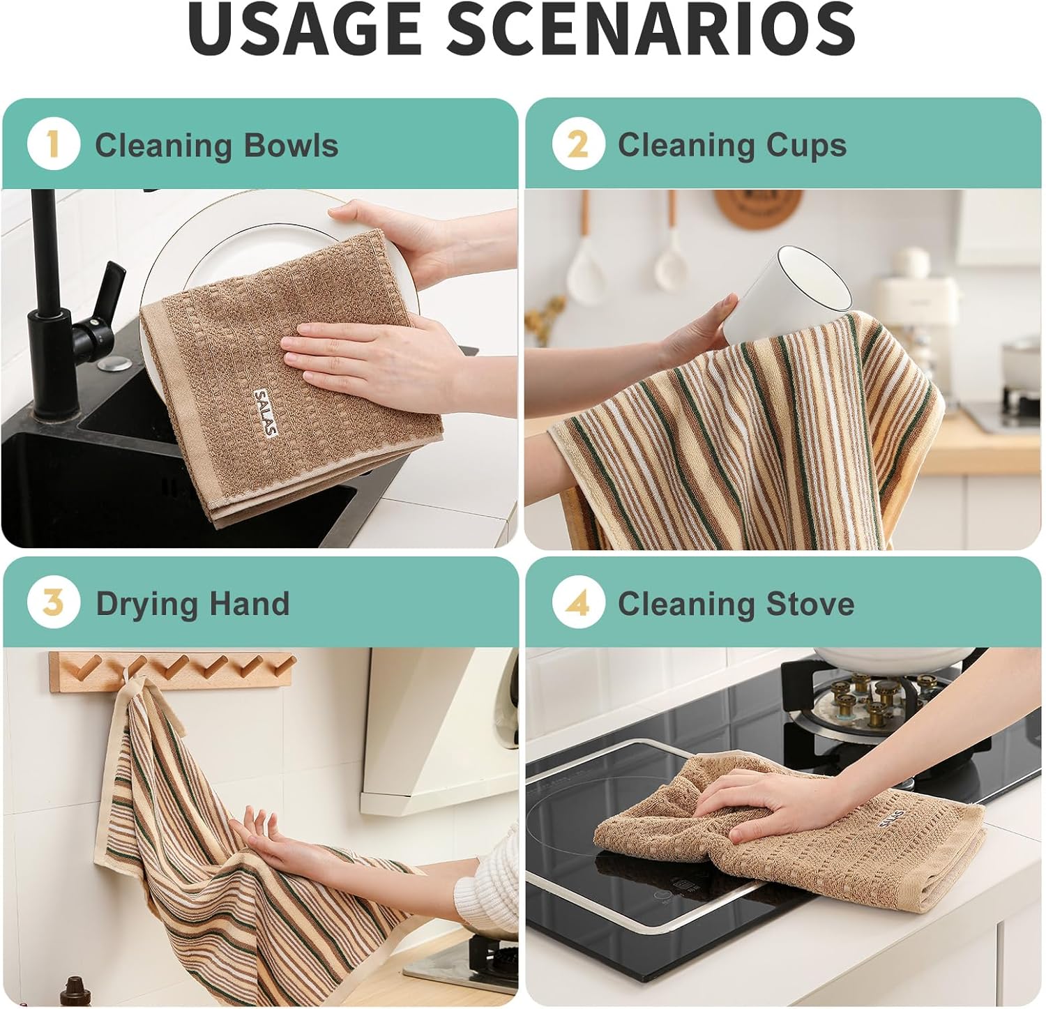 Kitchen Dish Towels for Drying Dishes, Large Cotton Kitchen Towels, Stripped Terry Dish Cloths, Thick Highly Absorbent Towel Sets with Hanging Loop, 16" X 26", 6 Packs,Beige and Solid Color
