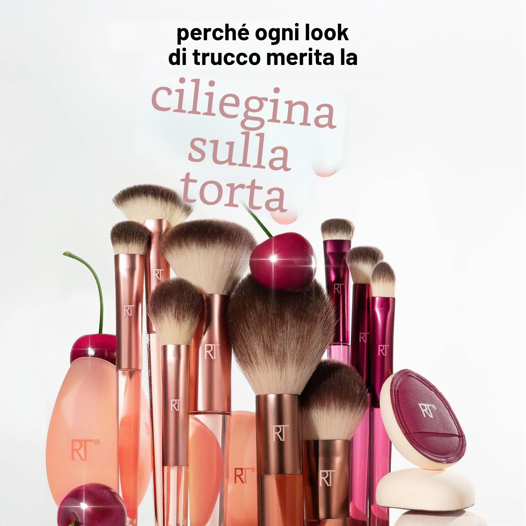 Real Techniques Cherry On Top - Set di pennelli per trucco viso e cover da viaggio, per fondotinta, correttore, cipria e fard, setole sintetiche, vegano e cruelty-free, set da 6 pezzi