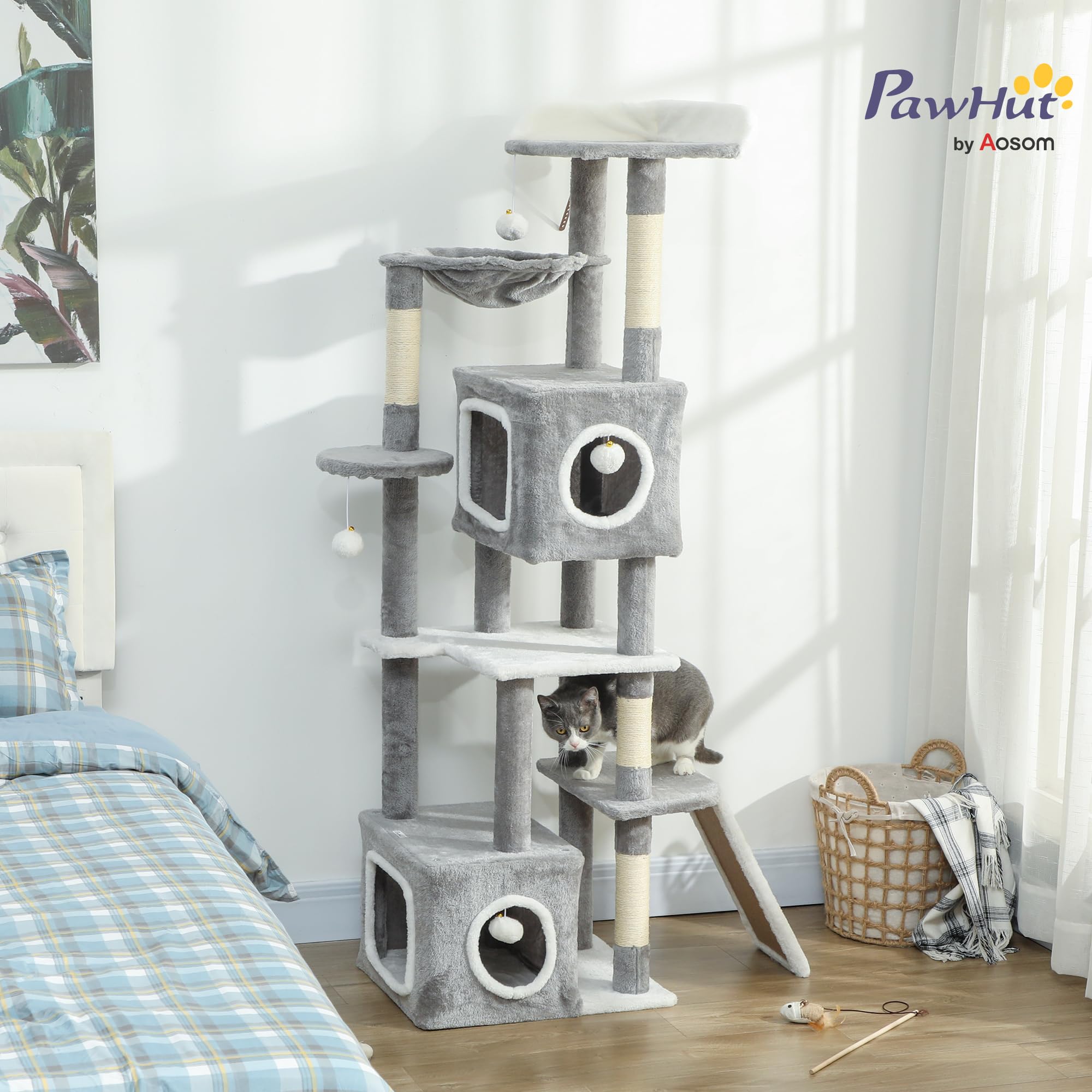 PawHut Tiragraffi per Gatti Alto 165cm con 4 Pali Graffiatoi Sisal Grigio | Albero per Gatti Multilivello, 2 Grotte, Cuccia, Amaca, 4 Pompon, Piattaforme, Rampa, Torre per Gattini, in Peluche