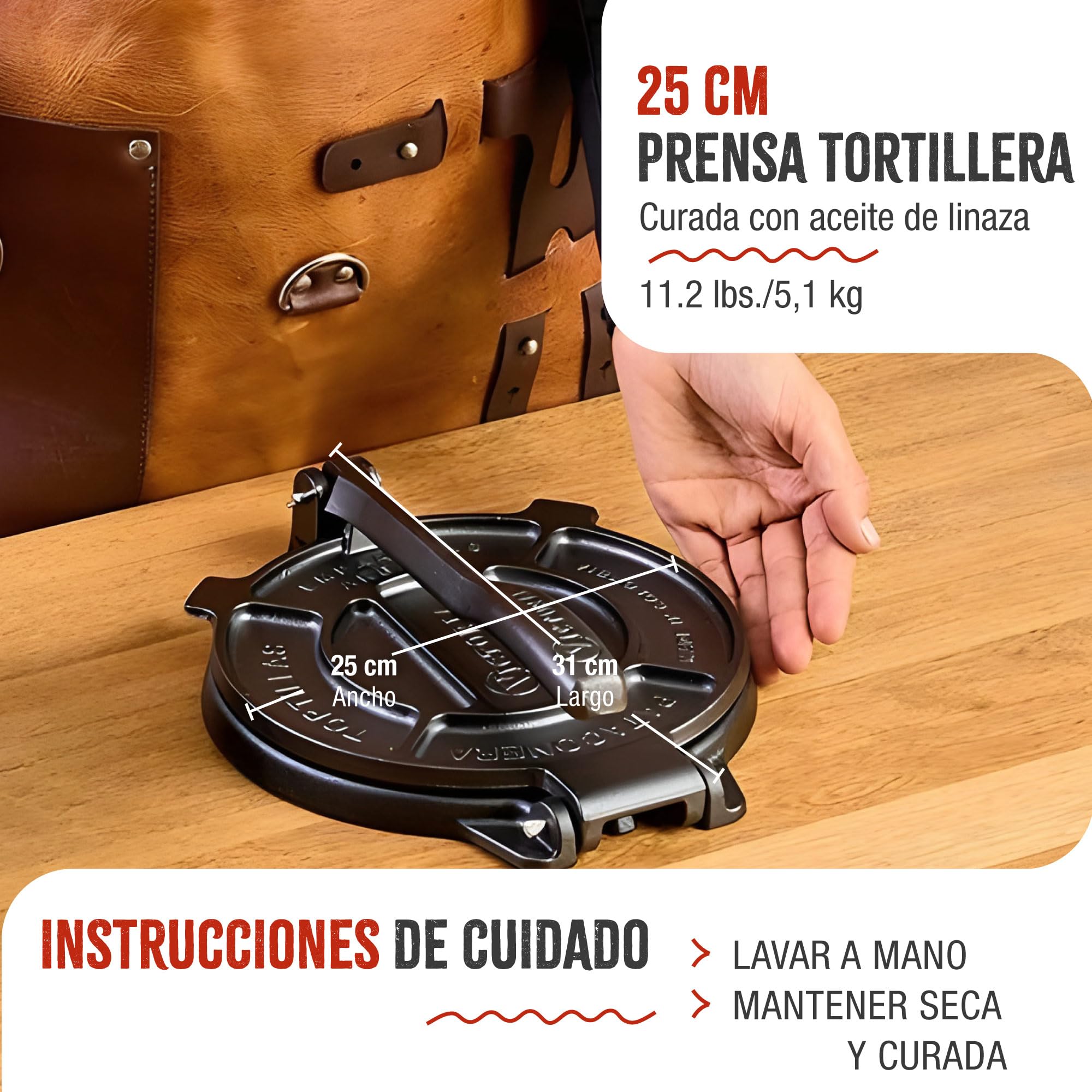 VICTORIA Tortillera Prensa para Tortillas Mexicanas Hierro Fundido HD Curado 25 cm, Pataconera Colombiana Profesional para Hacer Tacos, Arepas, Quesadillas, Empanadas, Patacones, Roti Maker