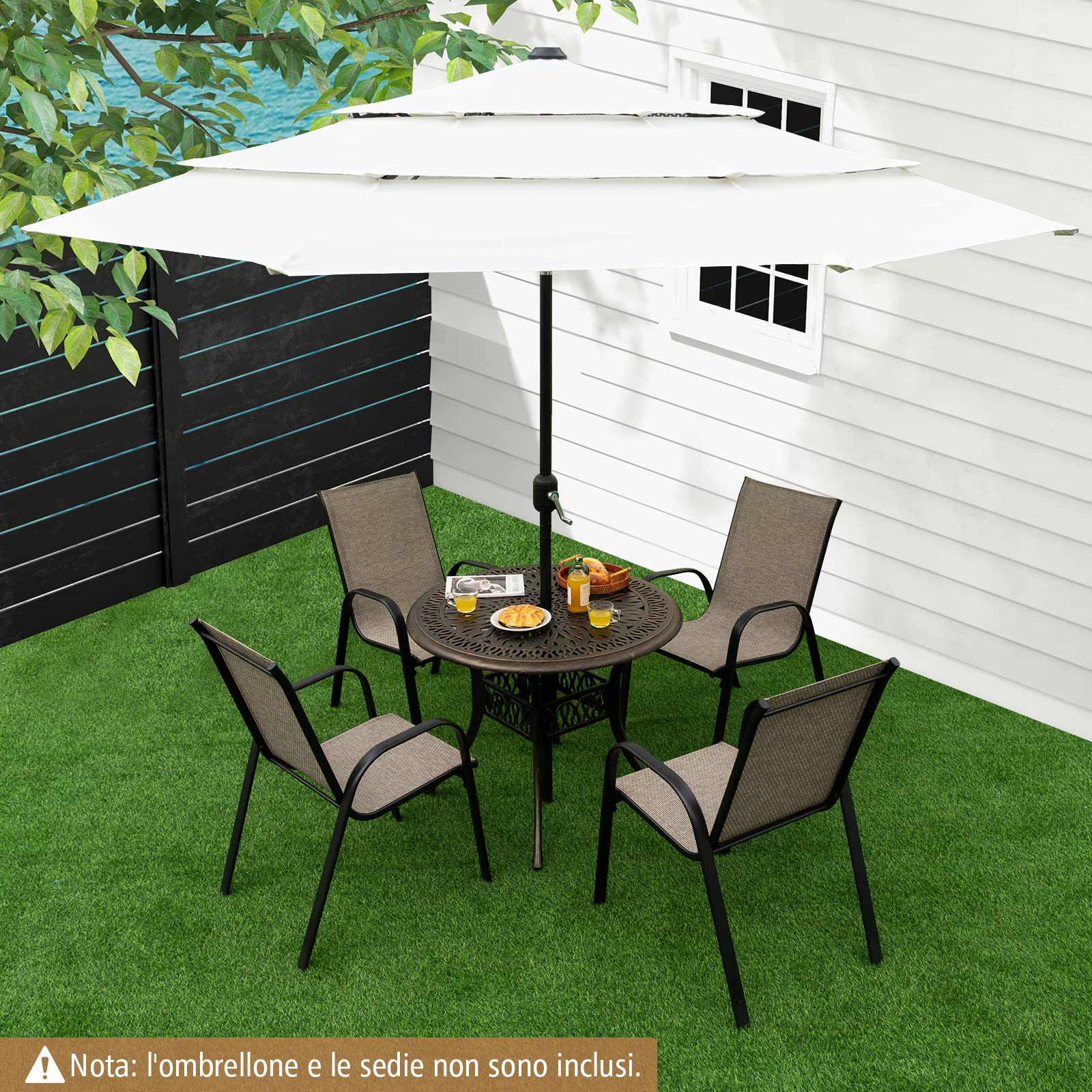 COSTWAY Tavolo da Pranzo 90 cm, con Foro per Ombrellone 5 cm | Tavolo da Esterno in Alluminio, Piedini Regolabili, Mobile Rotondo da Giardino Esterno, 90 x 74 cm