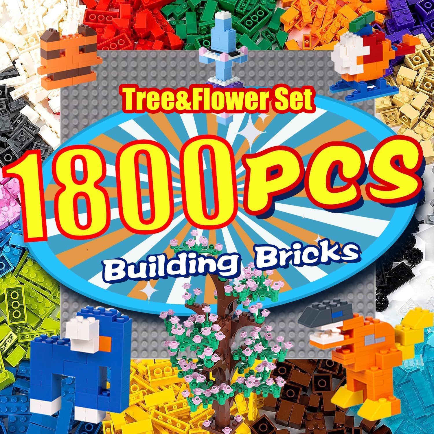 Sponsored Ad - 1800 Pieces Building Bricks Set,Building Bulks Blocks with 1 Packs 24x24 Studs Sticky Plates,205 Pcs Flowers and Tree Set, 14 Colors 18 Random Bulk Shapes, Creative Toy Gift for Boys Girls