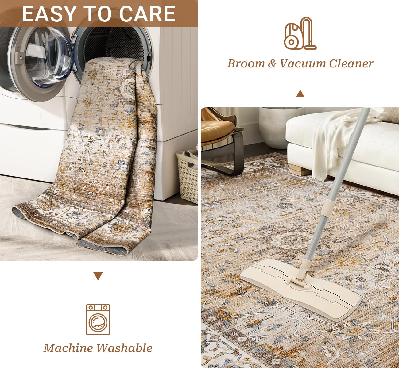 5x7 Area Rugs for Living Room,Stain Resistant Washable Rug,Non-Slip Backing Rugs for Bedroom,Kitchen,Printed Vintage Home Decor Rug (Apricot/Blue, 5'x7')