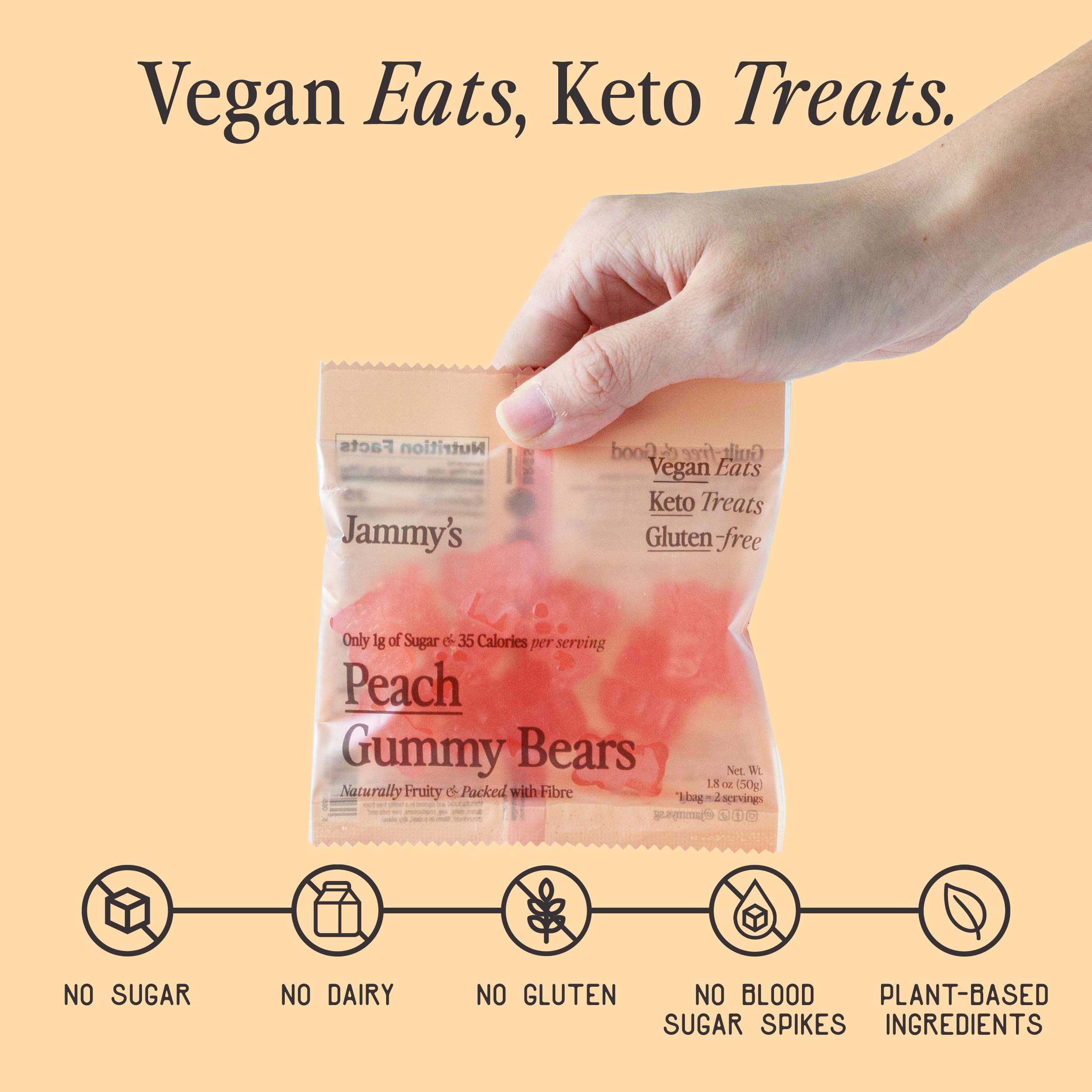 Jammy's™ - Peach Gummy Bears | Sugar-Free & Vegan-Friendly | Keto-Friendly, Gluten-Free, Low Carb, High Fibre & Naturally Fruity | Delicious, Soft & Chewy | Box of 6 x 50g Bags