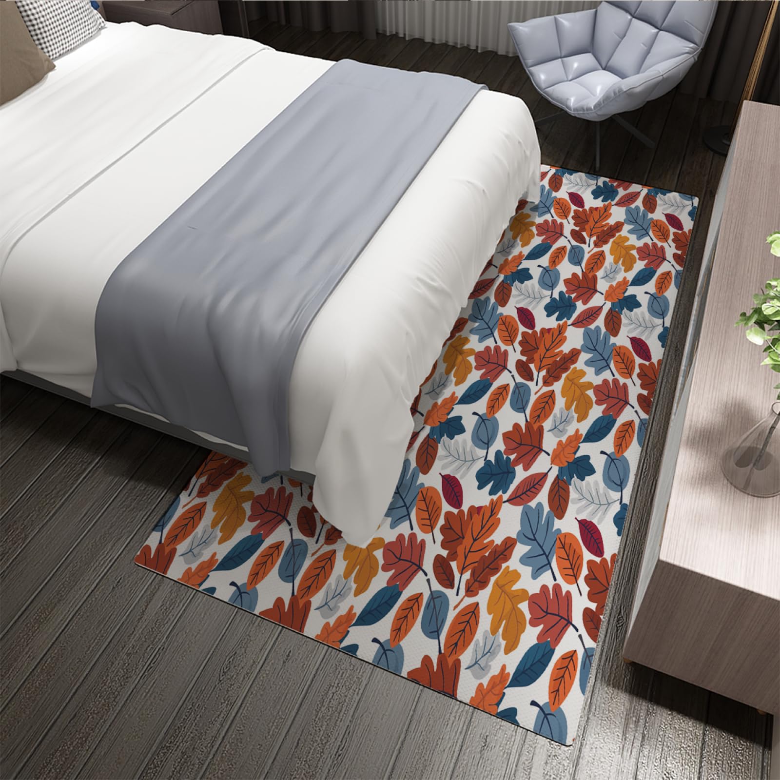 Dywaniki w stylu skandynawskim boho, kolorowy nadruk liści, zmywalny, dywan do przedpokoju, niskie runo, łatwy w pielęgnacji, dywan do łóżka, do pokoju dziecięcego, 80 x 150 cm