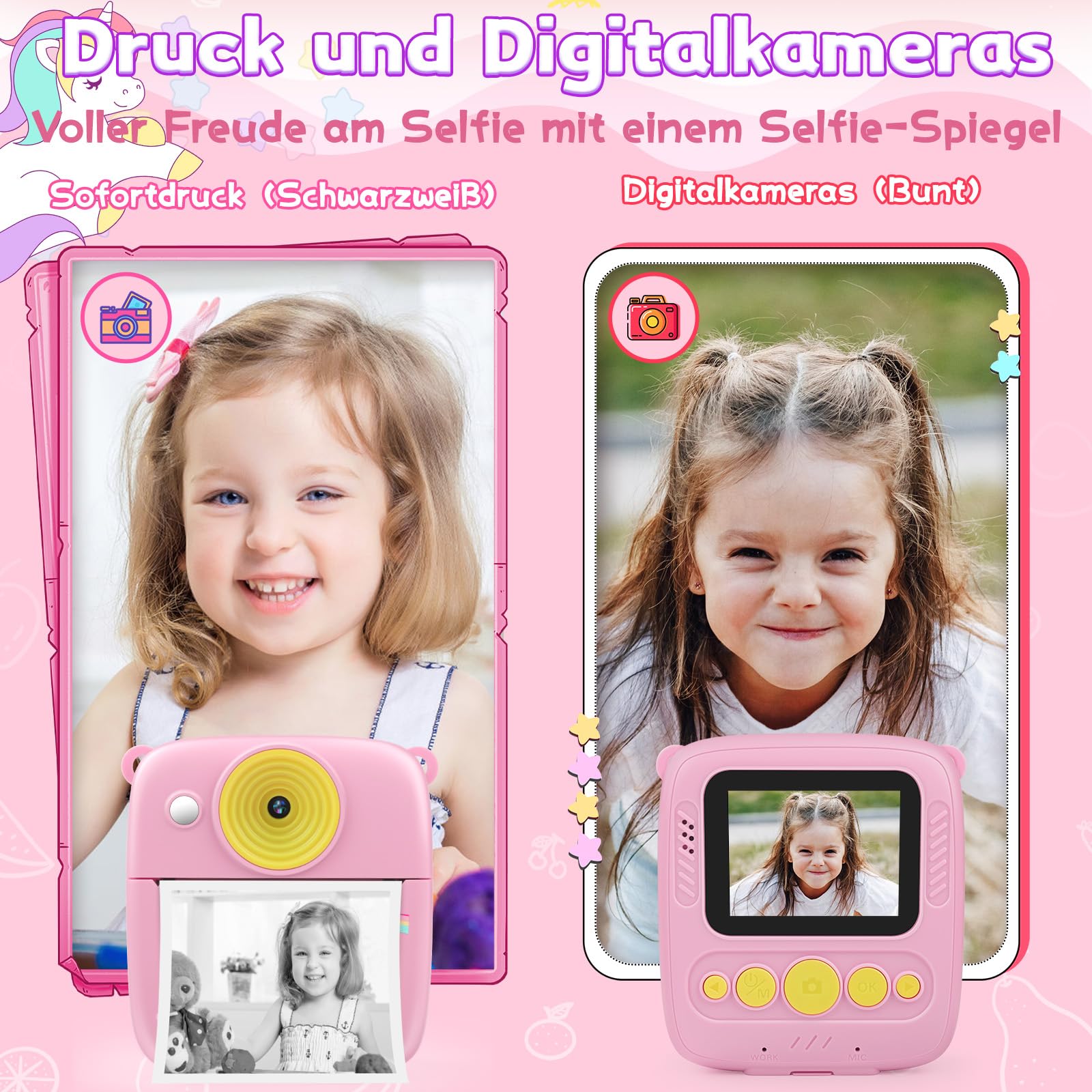 Dhapy sofortbildkamera Kinder, 48MP Kinderkamera Sofortbildkamera mit Druckpapier & 32 G TF Karte, 1080P Digitalkamera Kinder, Geschenke für Jungen und Mädchen 3 4 5 6 7 8 9Jahre Rosa