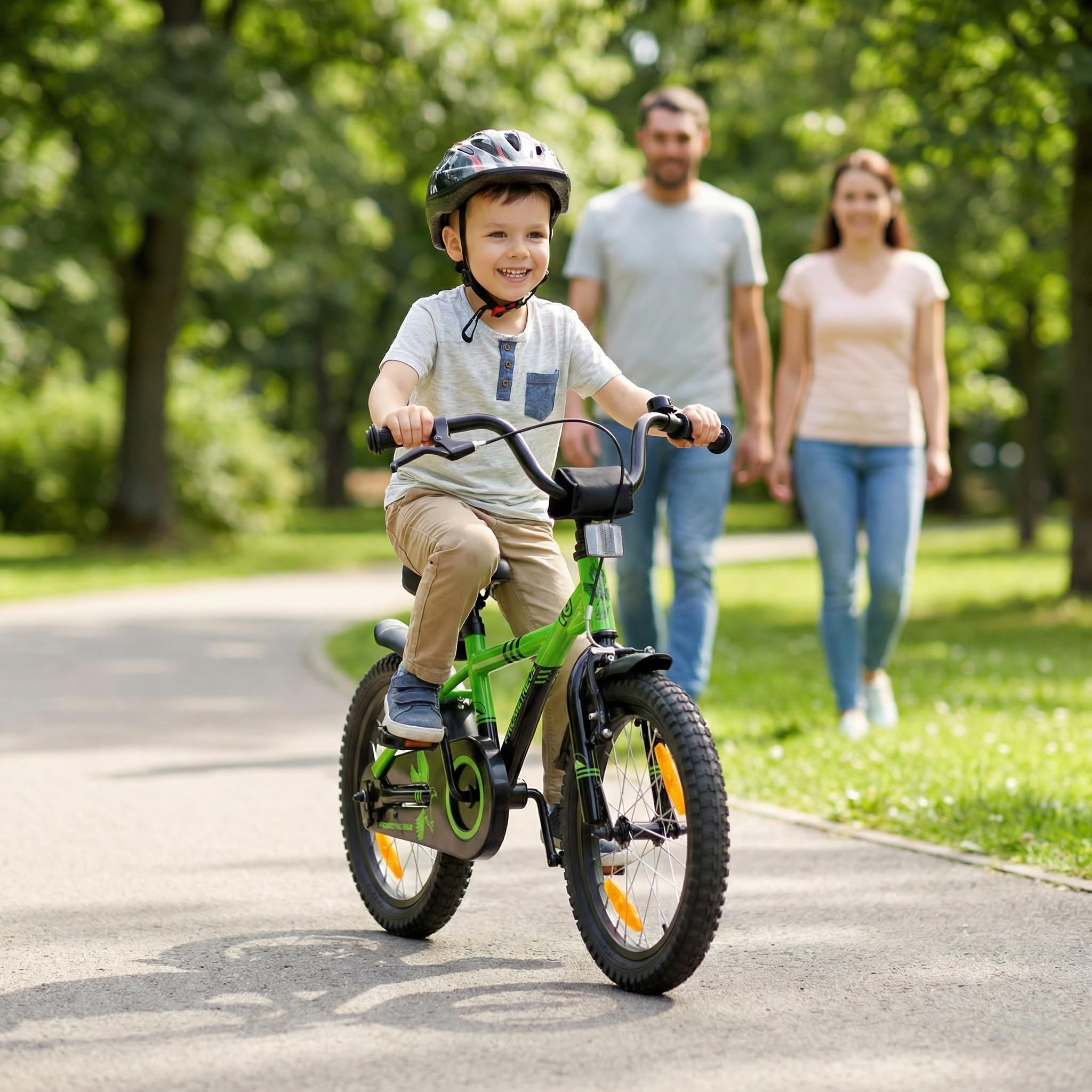PROMETHEUS BICYCLES Kinderfahrrad 16 Zoll ab 5 Jahren - Kinder Fahrrad Mädchen Jungen Fahrrad Kinder mit Stützräder Rücktrittbremse in Grün Schwarz