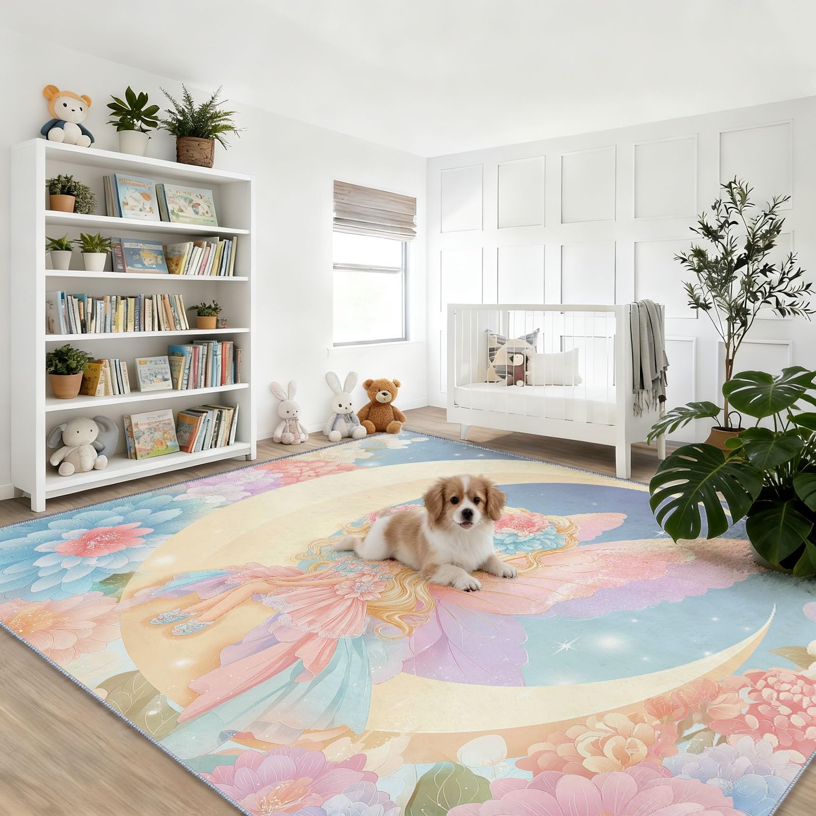 Fleurs Lune Fée Tapis de Salon, Tapis de Dimensions 60x110cm antidérapant et Lavable, Dessin Animé Mignon Multicolore pour Les Chambres Les Salons et Les couloirs